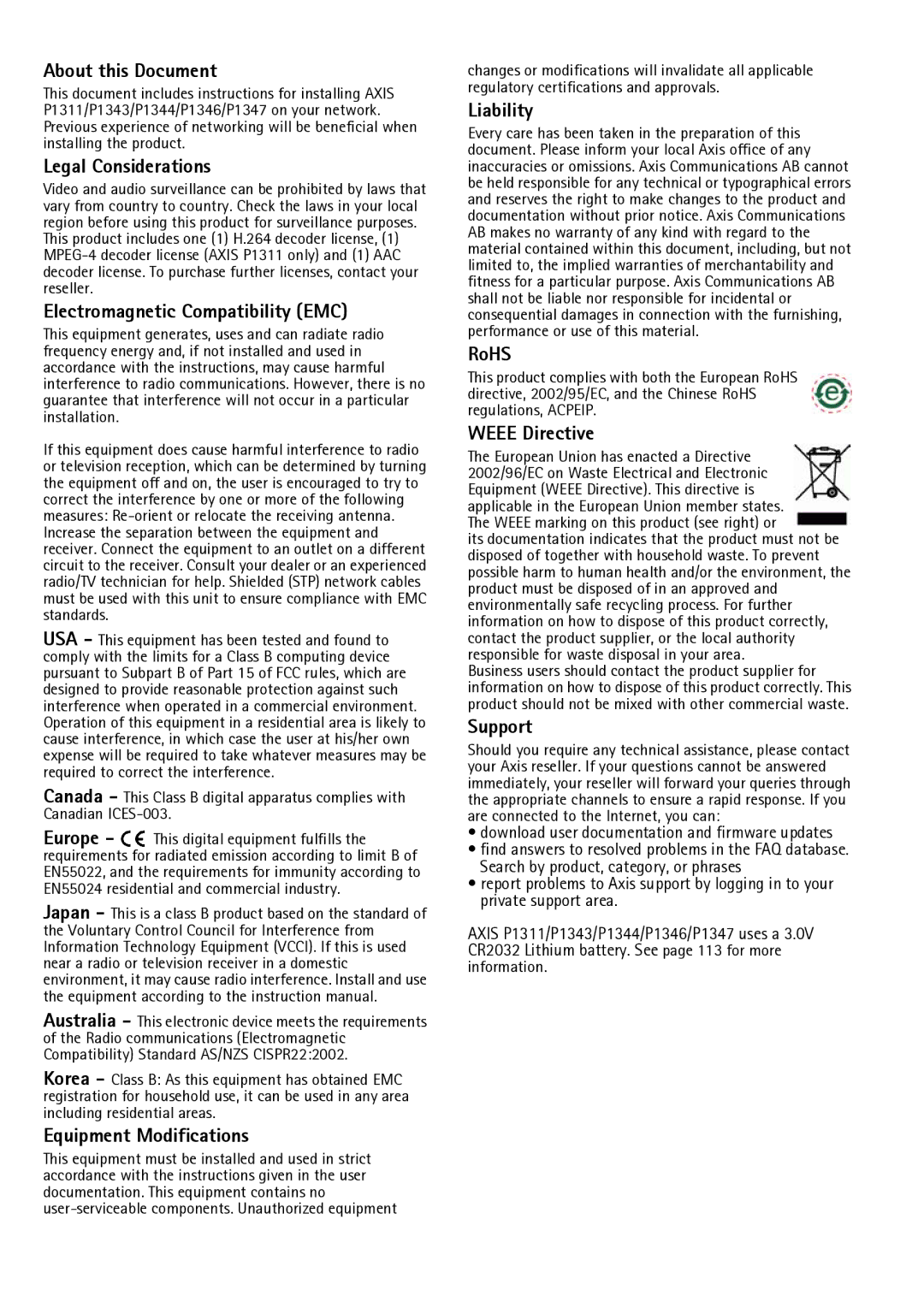 Axis Communications P1343 About this Document, Legal Considerations, Electromagnetic Compatibility EMC, Liability, RoHS 