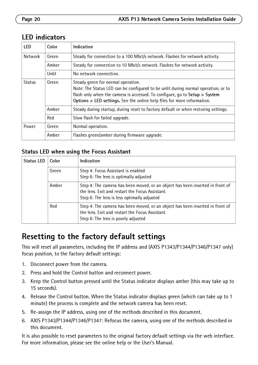 Axis Communications P1344, P1347, P1343, P1311 Resetting to the factory default settings, LED indicators, Color Indication 