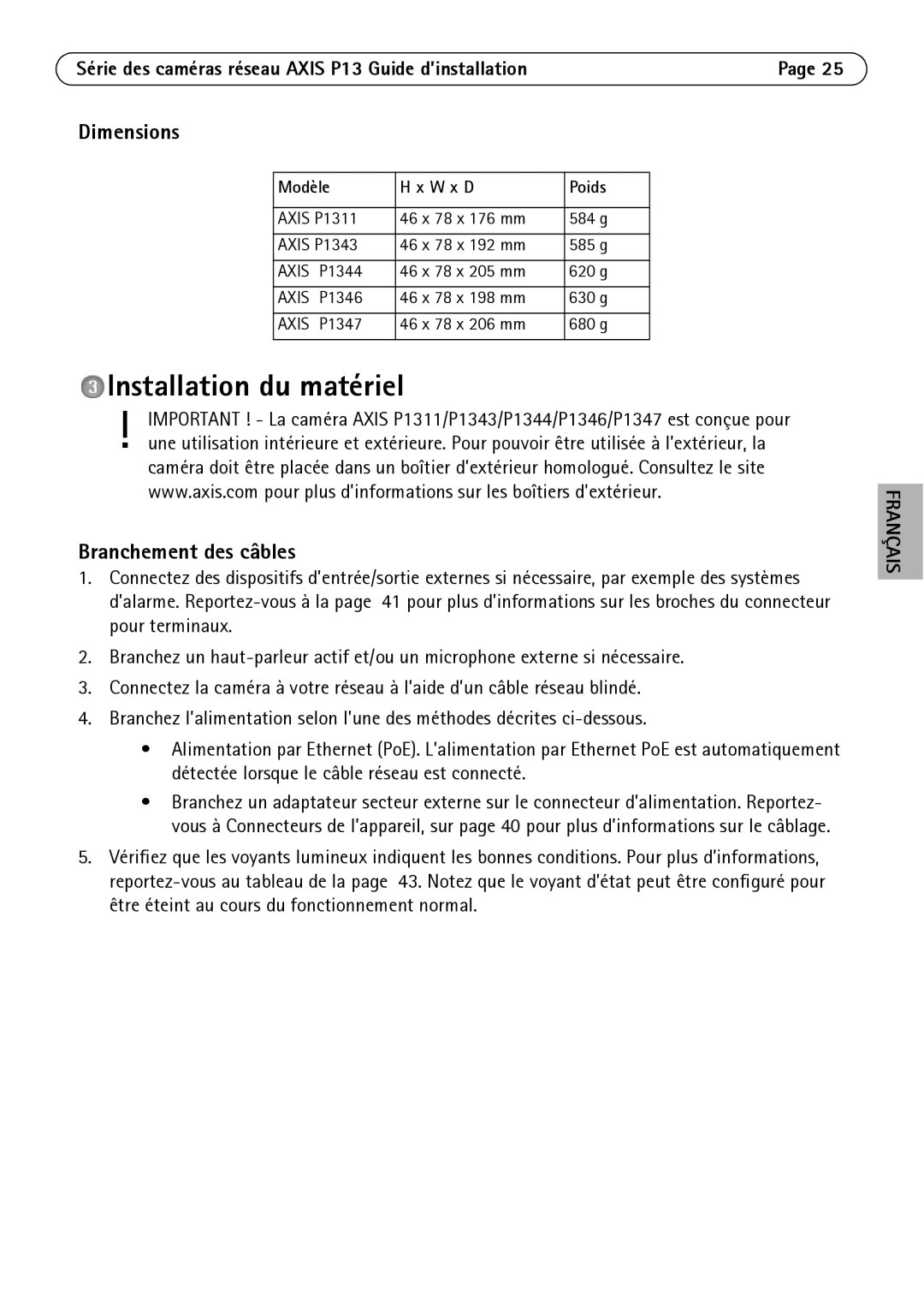 Axis Communications P1347, P1344, P1343, P1311 manual Installation du matériel, Branchement des câbles, Modèle W x D Poids 