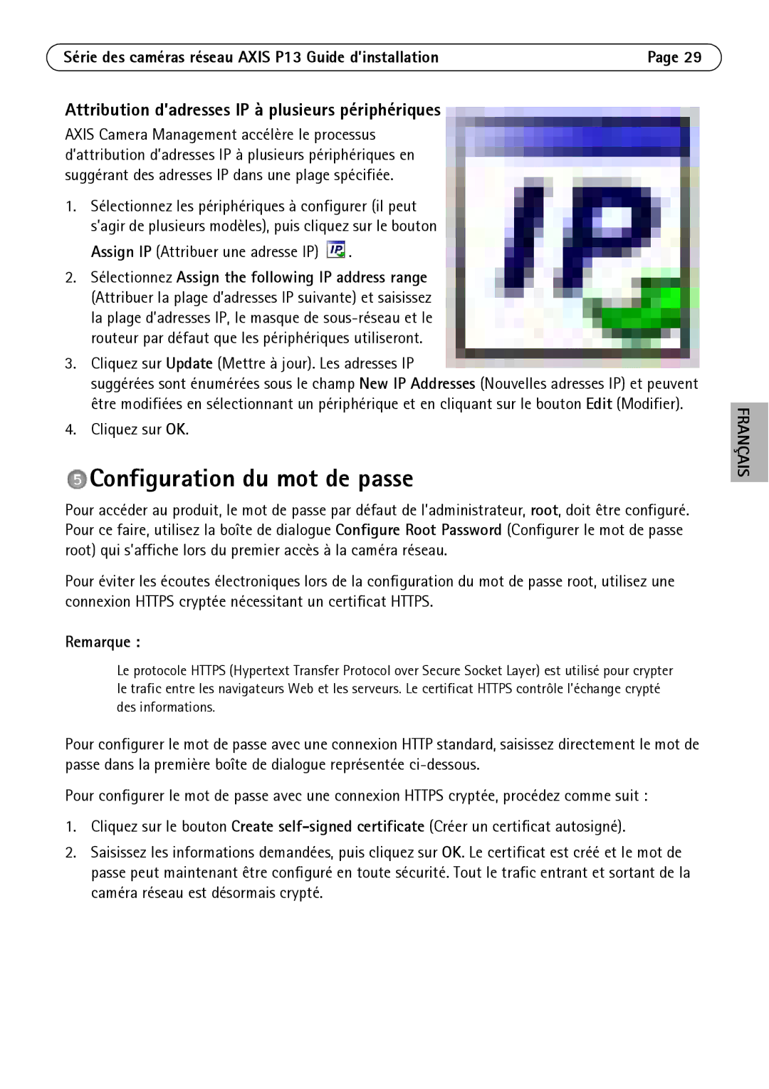 Axis Communications P1347 Configuration du mot de passe, Attribution d’adresses IP à plusieurs périphériques, Remarque 