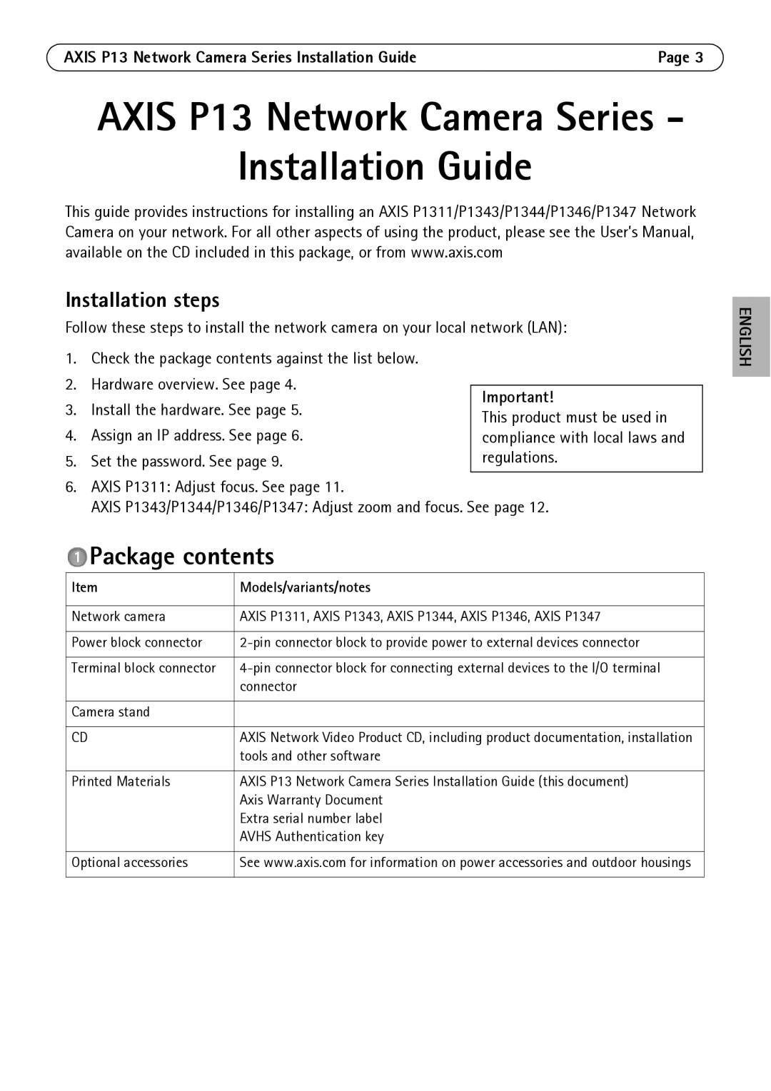 Axis Communications P1311, P1344, P1347, P1343 manual Installation Guide, Package contents 