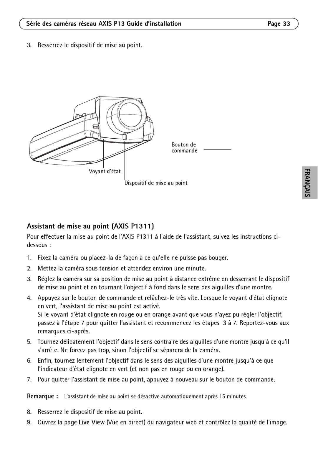 Axis Communications P1347, P1344, P1343 manual Assistant de mise au point Axis P1311 