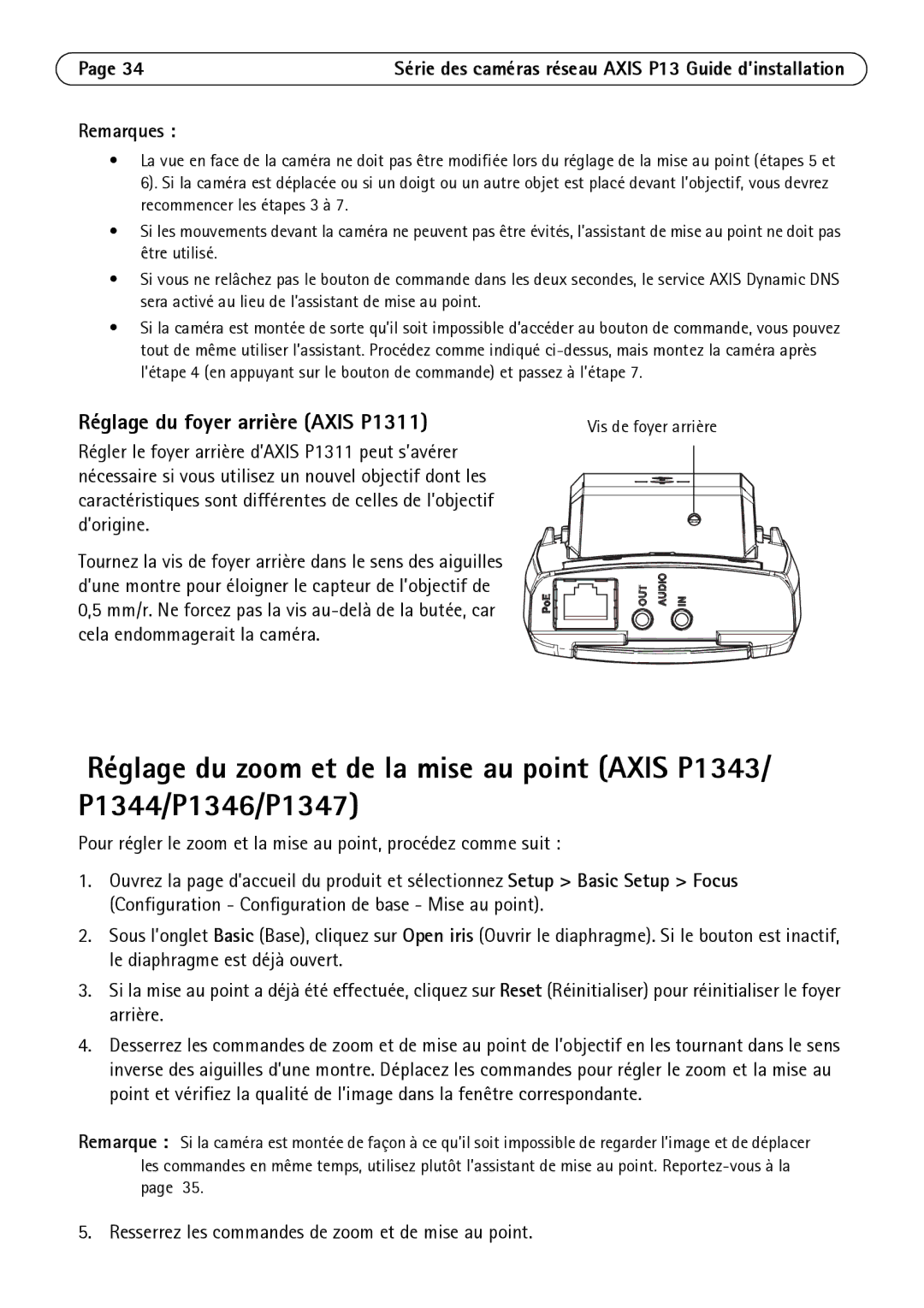 Axis Communications P1343, P1344, P1347 manual Réglage du foyer arrière Axis P1311, Remarques 