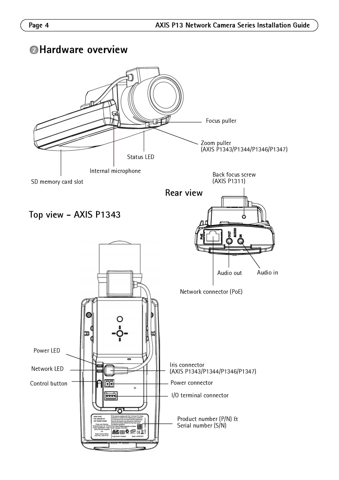 Axis Communications P1344, P1347, P1311 manual Hardware overview, Rear view Top view Axis P1343 