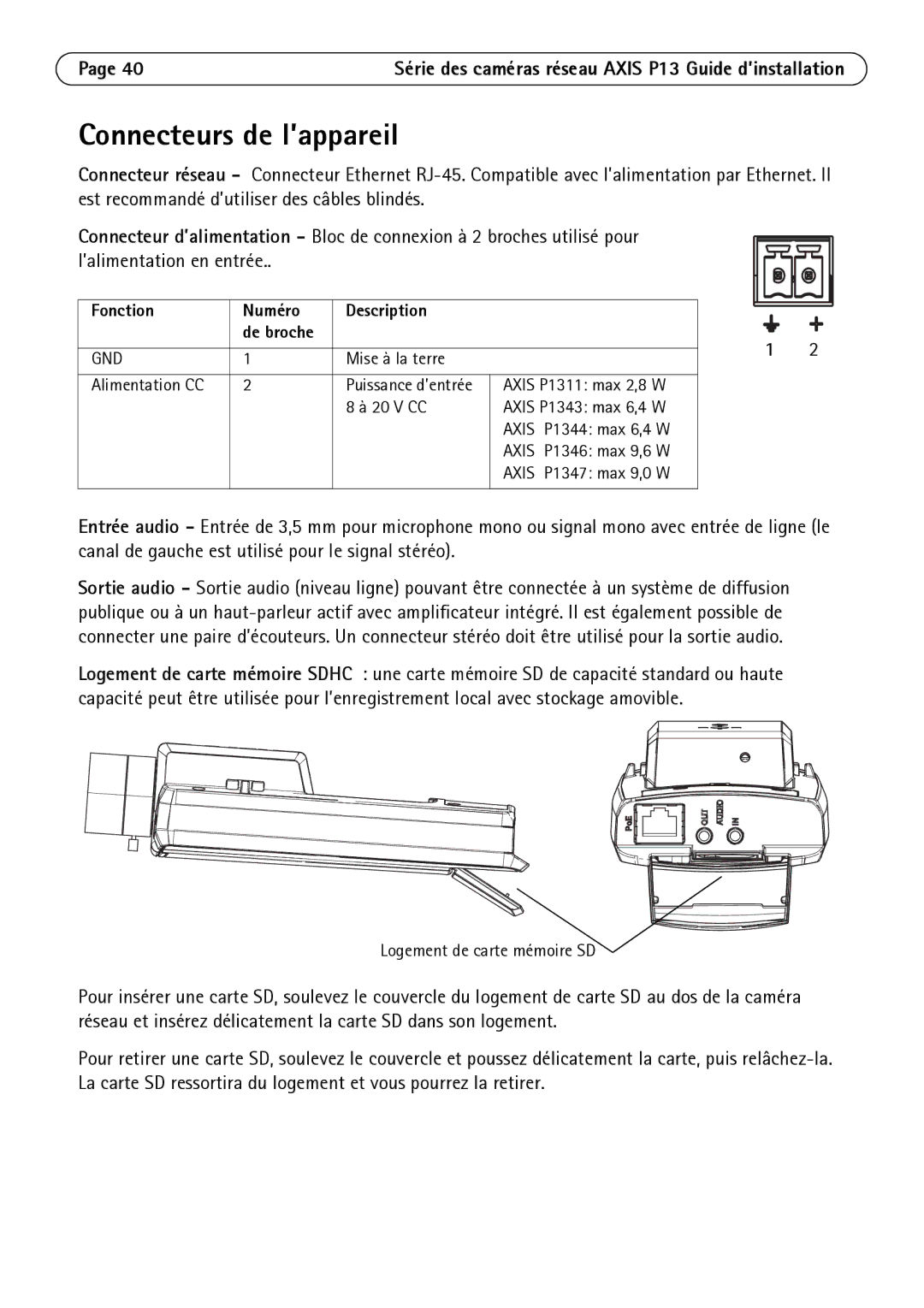 Axis Communications P1344, P1347, P1343, P1311 manual Connecteurs de l’appareil, Fonction Numéro Description 