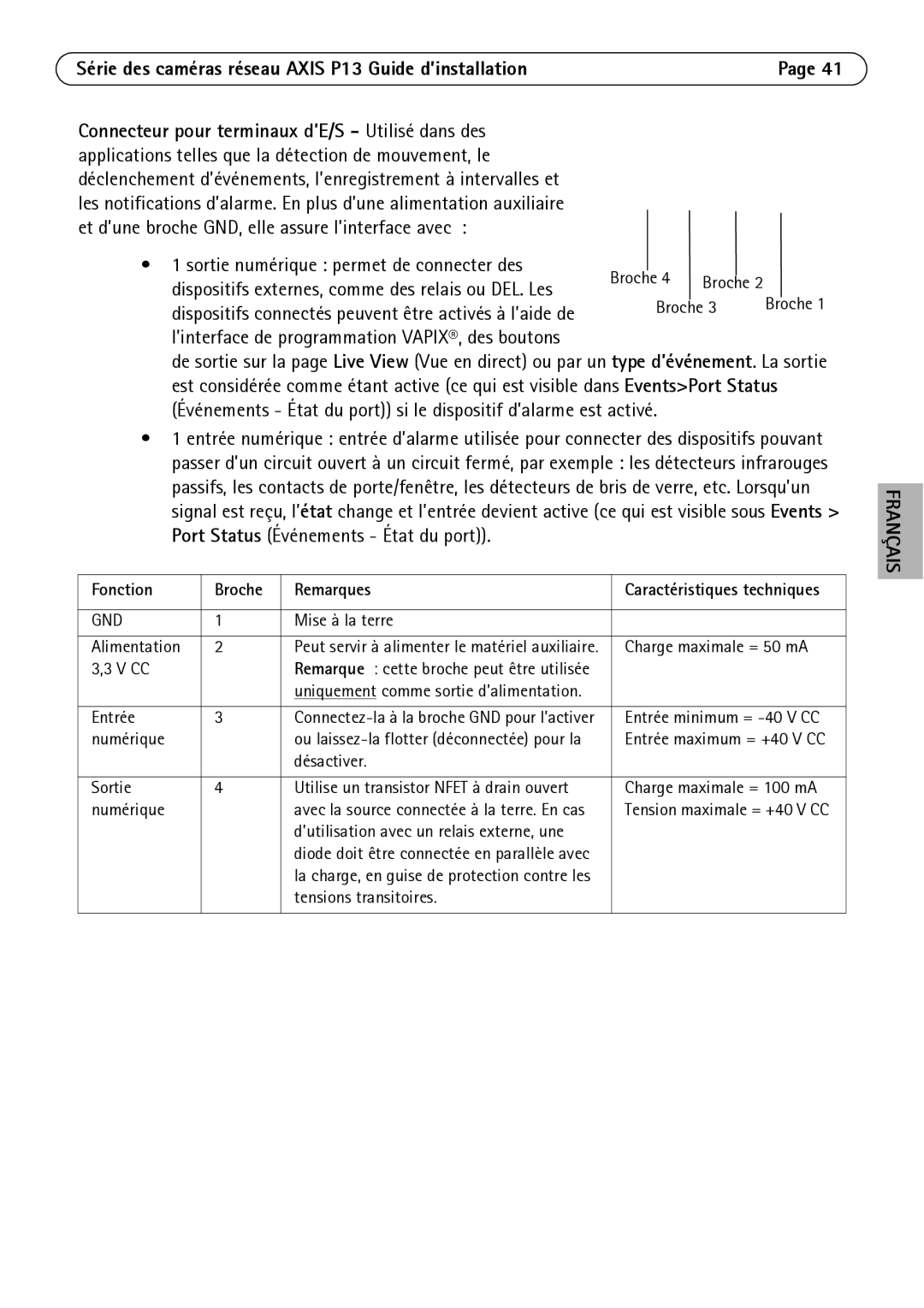 Axis Communications P1347, P1344, P1343, P1311 manual Sortie numérique permet de connecter des, Fonction Broche Remarques 