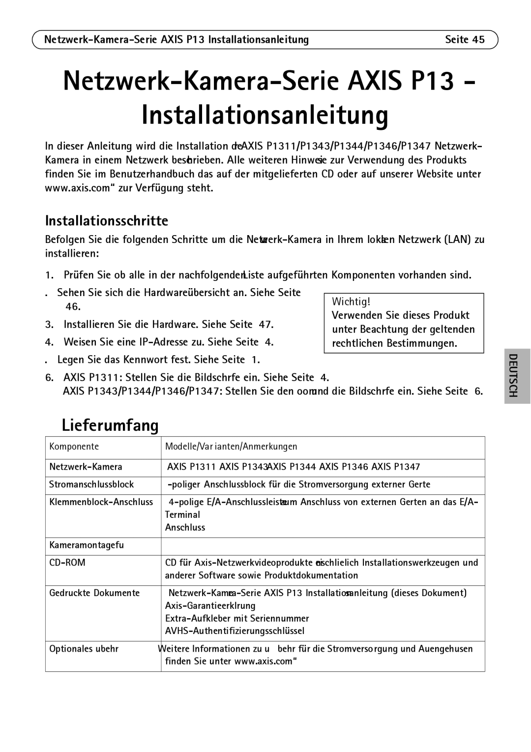 Axis Communications P1347 manual Lieferumfang, Installationsschritte, Netzwerk-Kamera-Serie Axis P13 Installationsanleitung 