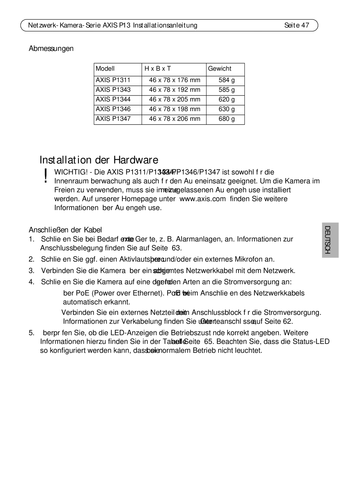 Axis Communications P1311, P1344, P1347 Installation der Hardware, Abmessungen, Anschließen der Kabel, Modell B x T Gewicht 