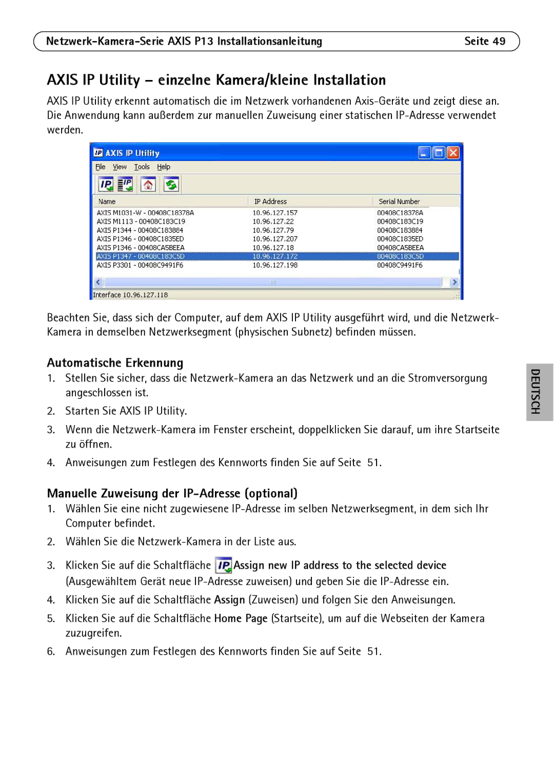 Axis Communications P1347, P1344, P1343, P1311 Axis IP Utility einzelne Kamera/kleine Installation, Automatische Erkennung 