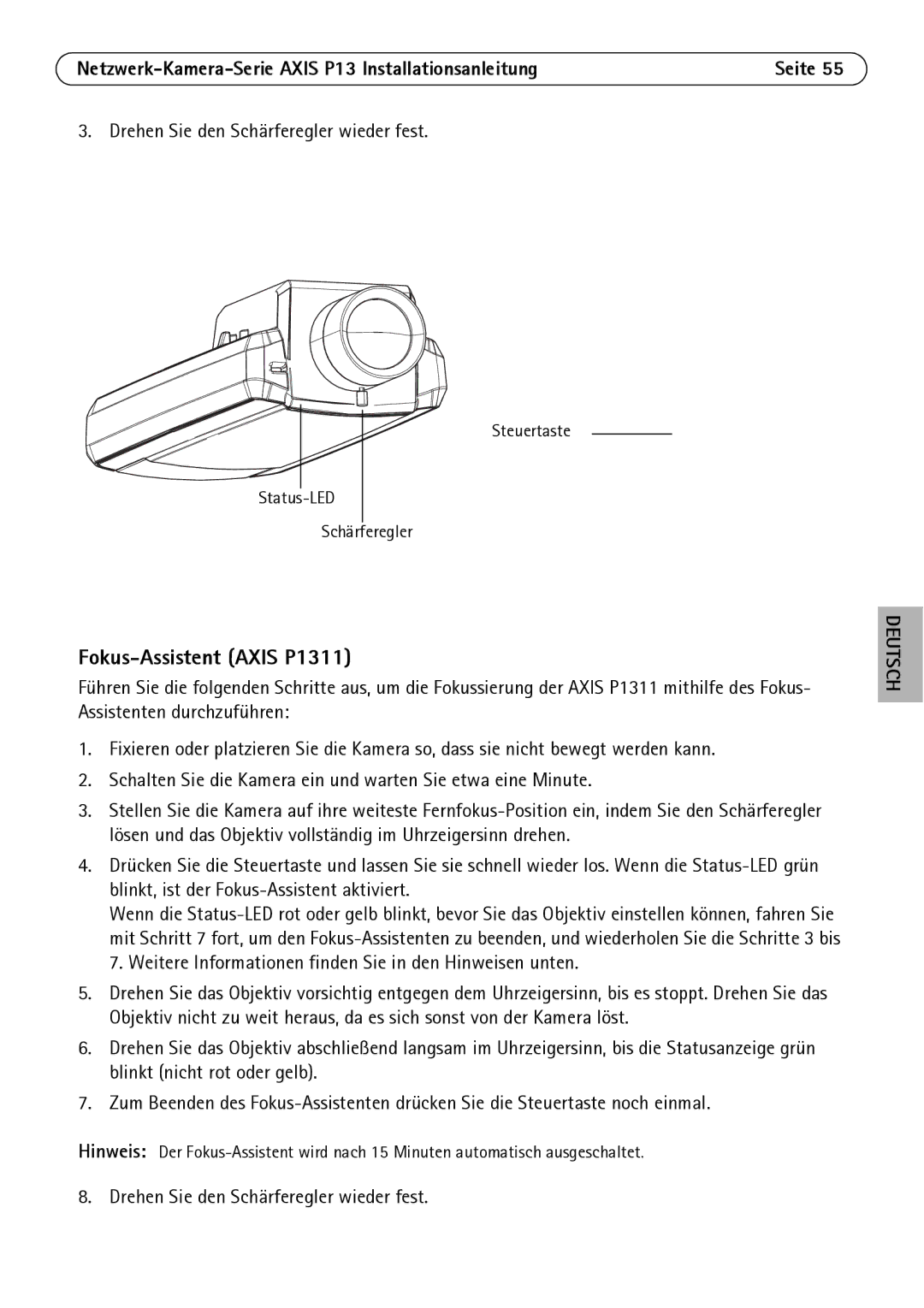 Axis Communications P1344, P1347 manual Fokus-Assistent Axis P1311, Netzwerk-Kamera-Serie Axis P13 Installationsanleitung 