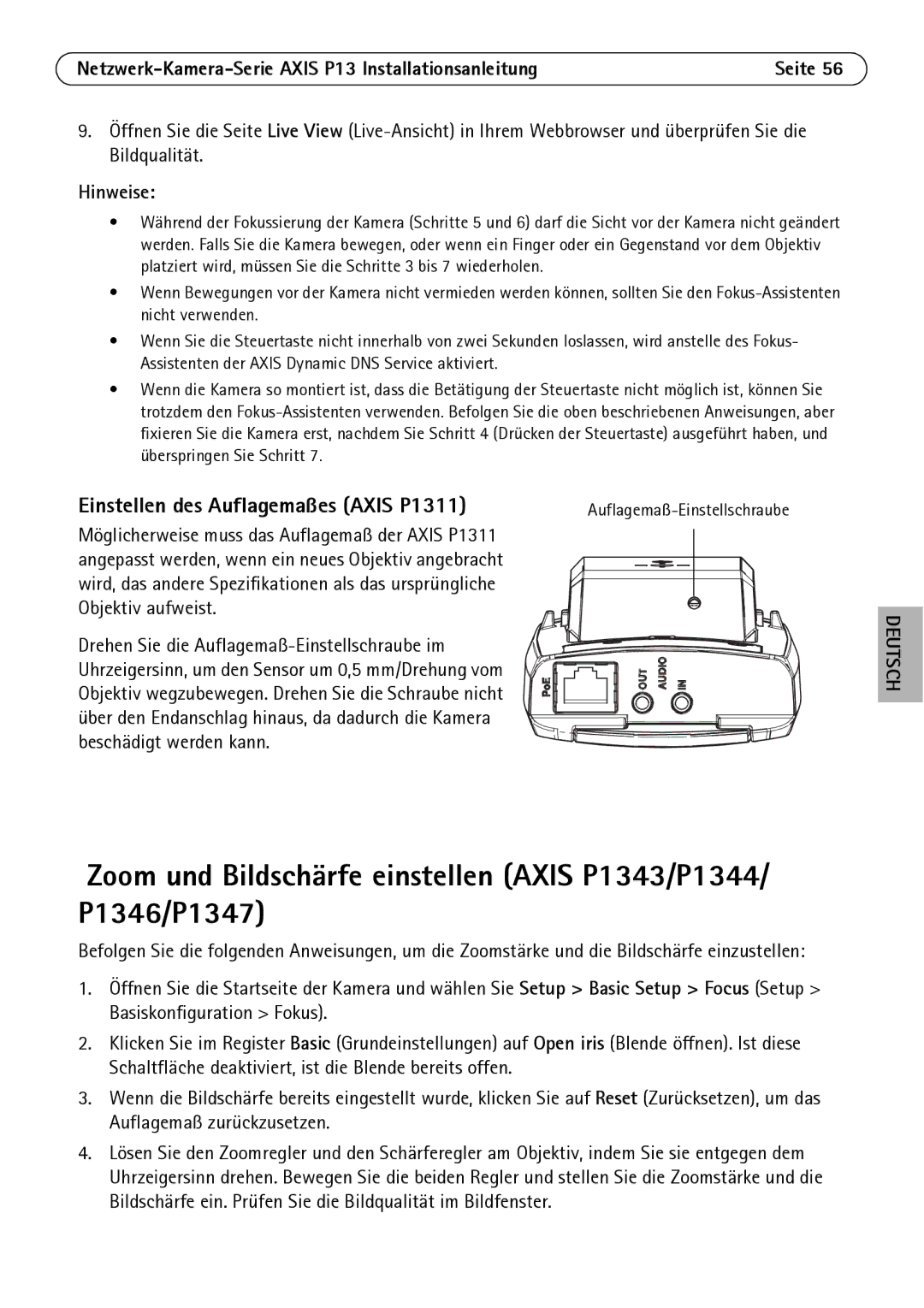 Axis Communications P1344, P1347, P1343 manual Einstellen des Auflagemaßes Axis P1311, Hinweise 