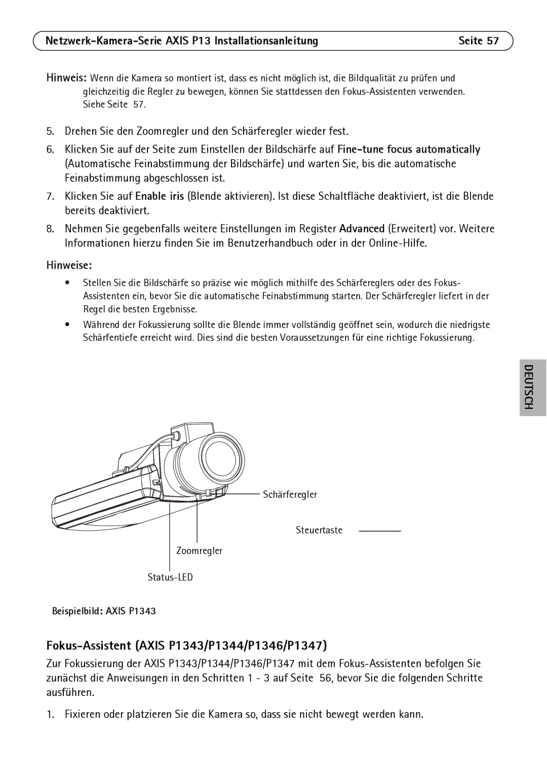 Axis Communications P1311 manual Fokus-Assistent Axis P1343/P1344/P1346/P1347, Beispielbild Axis P1343 