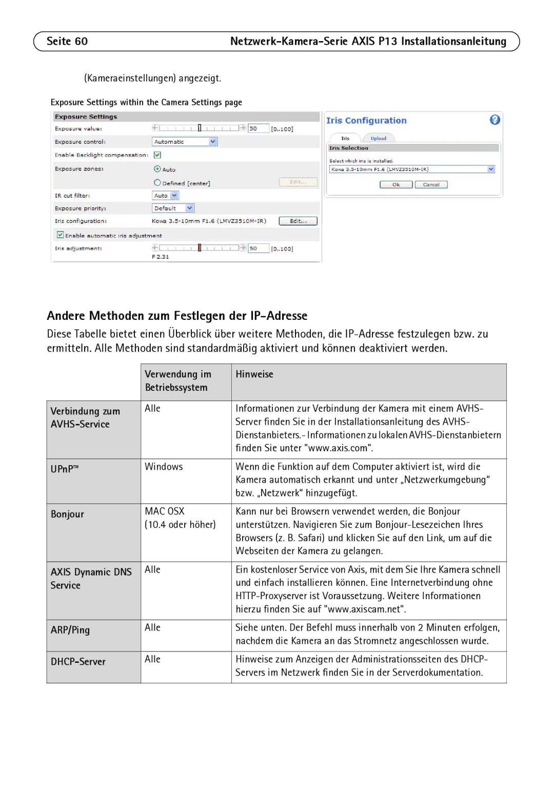 Axis Communications P1344, P1347, P1343 Andere Methoden zum Festlegen der IP-Adresse, Hinweise, AVHS-Service, DHCP-Server 