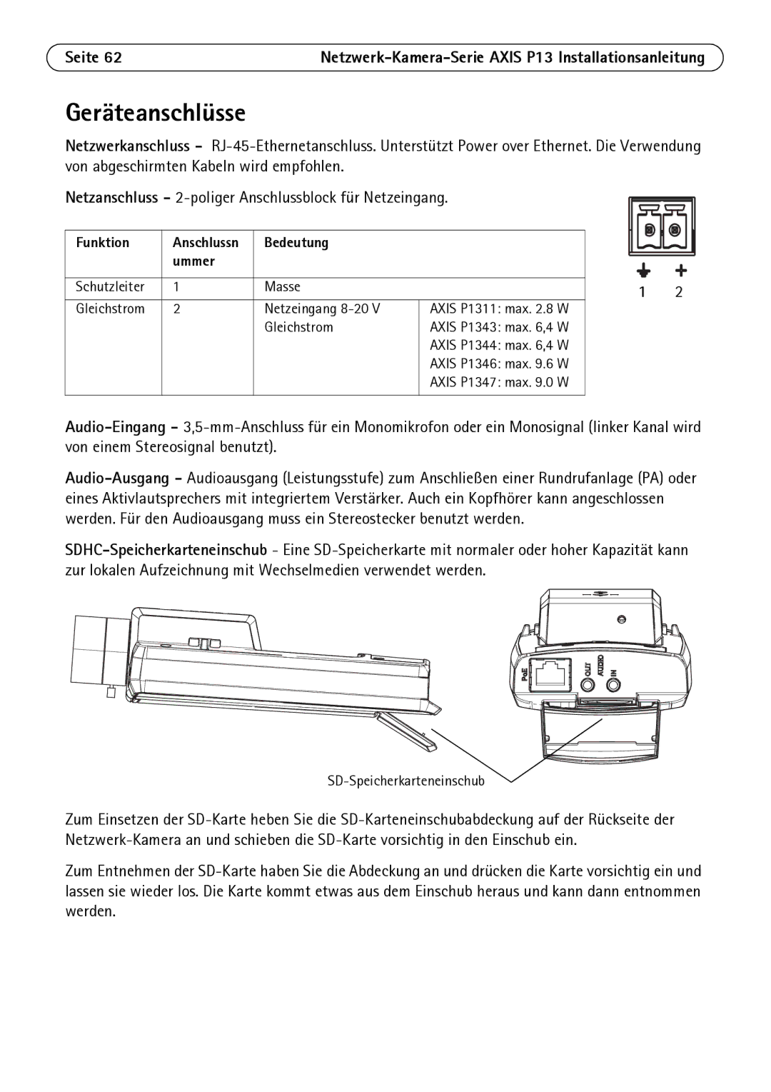 Axis Communications P1343, P1344, P1347, P1311 manual Geräteanschlüsse, Funktion, Bedeutung Ummer 