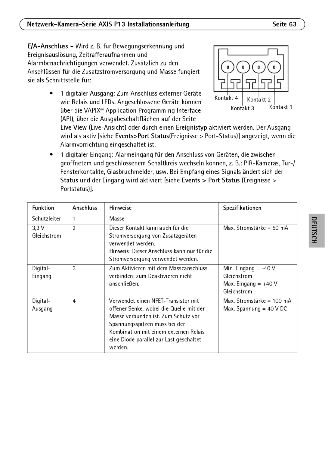 Axis Communications P1311, P1344, P1347, P1343 manual Sie als Schnittstelle für, Hinweise Spezifikationen 