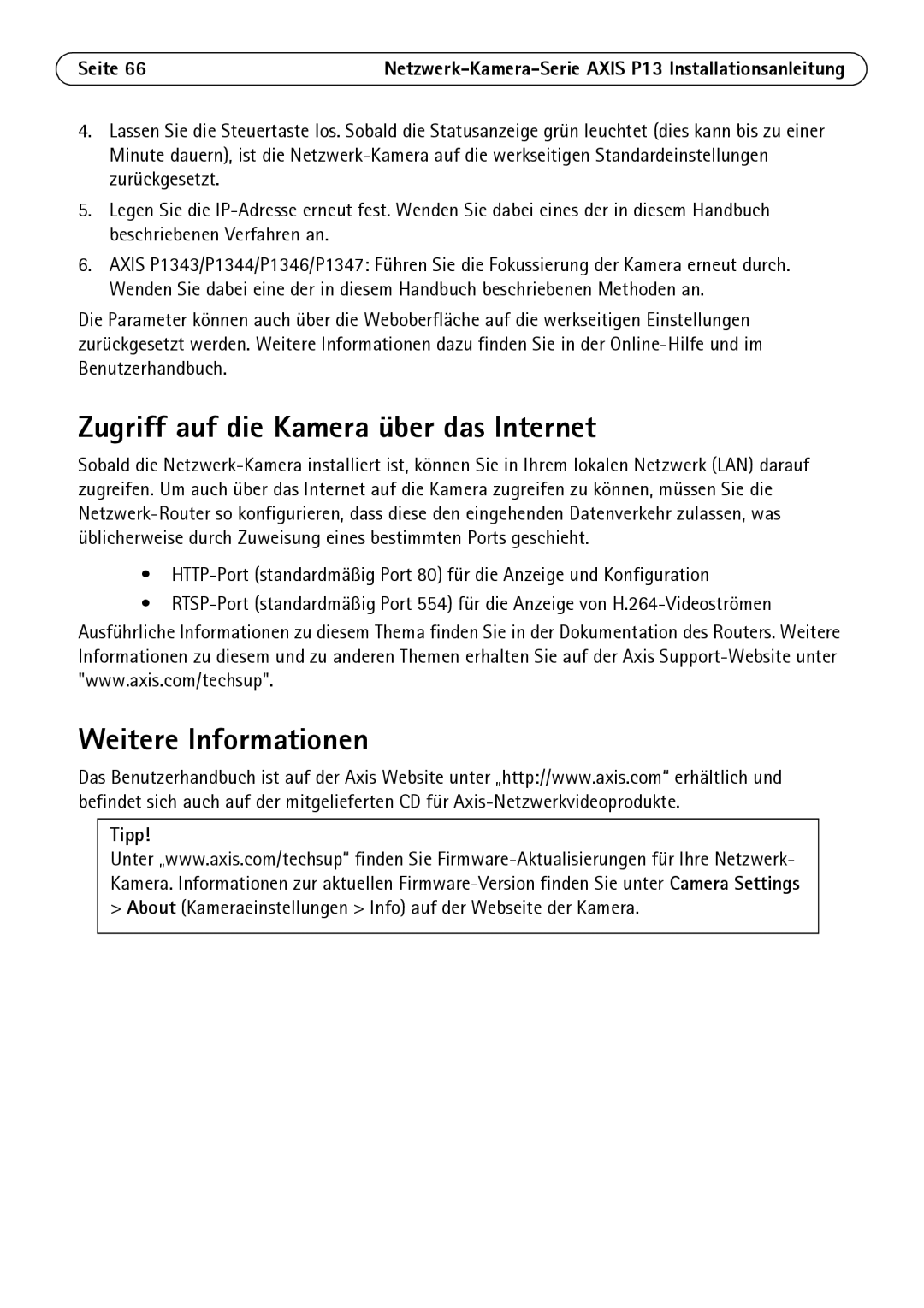 Axis Communications P1343, P1344, P1347, P1311 manual Zugriff auf die Kamera über das Internet, Weitere Informationen, Tipp 