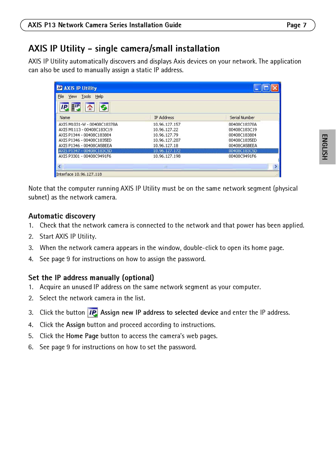 Axis Communications P1311, P1344, P1347, P1343 manual Axis IP Utility single camera/small installation, Automatic discovery 