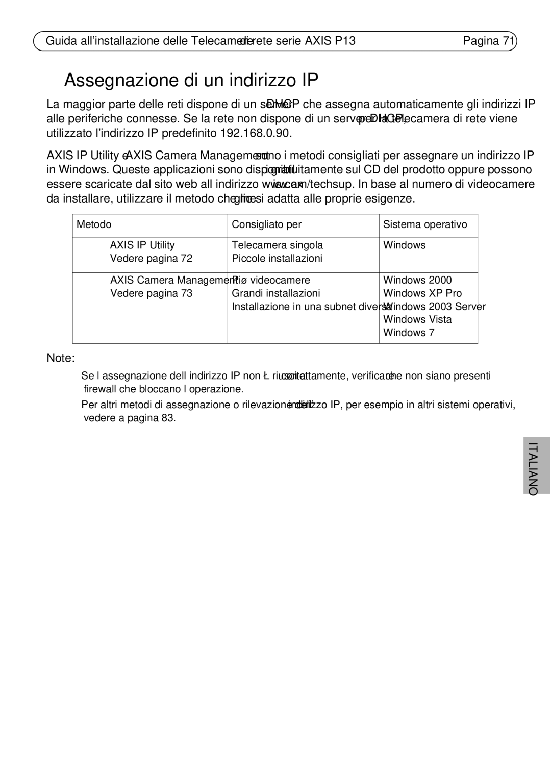 Axis Communications P1311, P1344, P1347, P1343 manual Assegnazione di un indirizzo IP, Metodo Consigliato per 