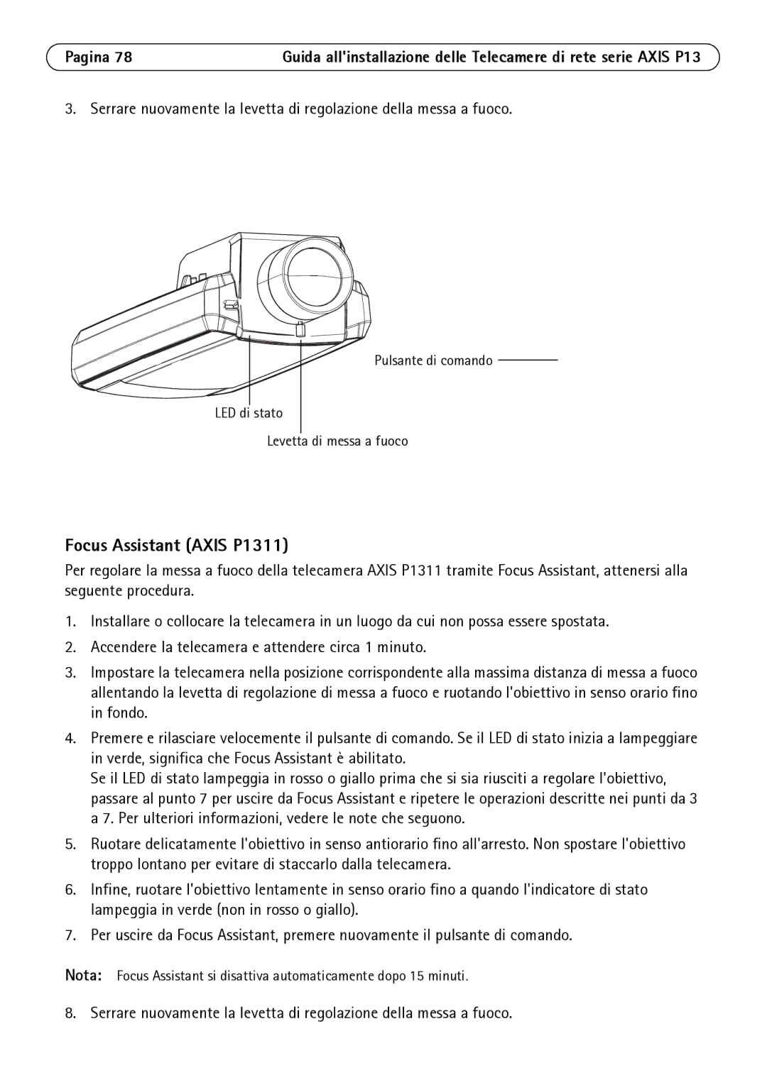 Axis Communications P1343, P1344, P1347, P1311 manual Pulsante di comando LED di stato Levetta di messa a fuoco 