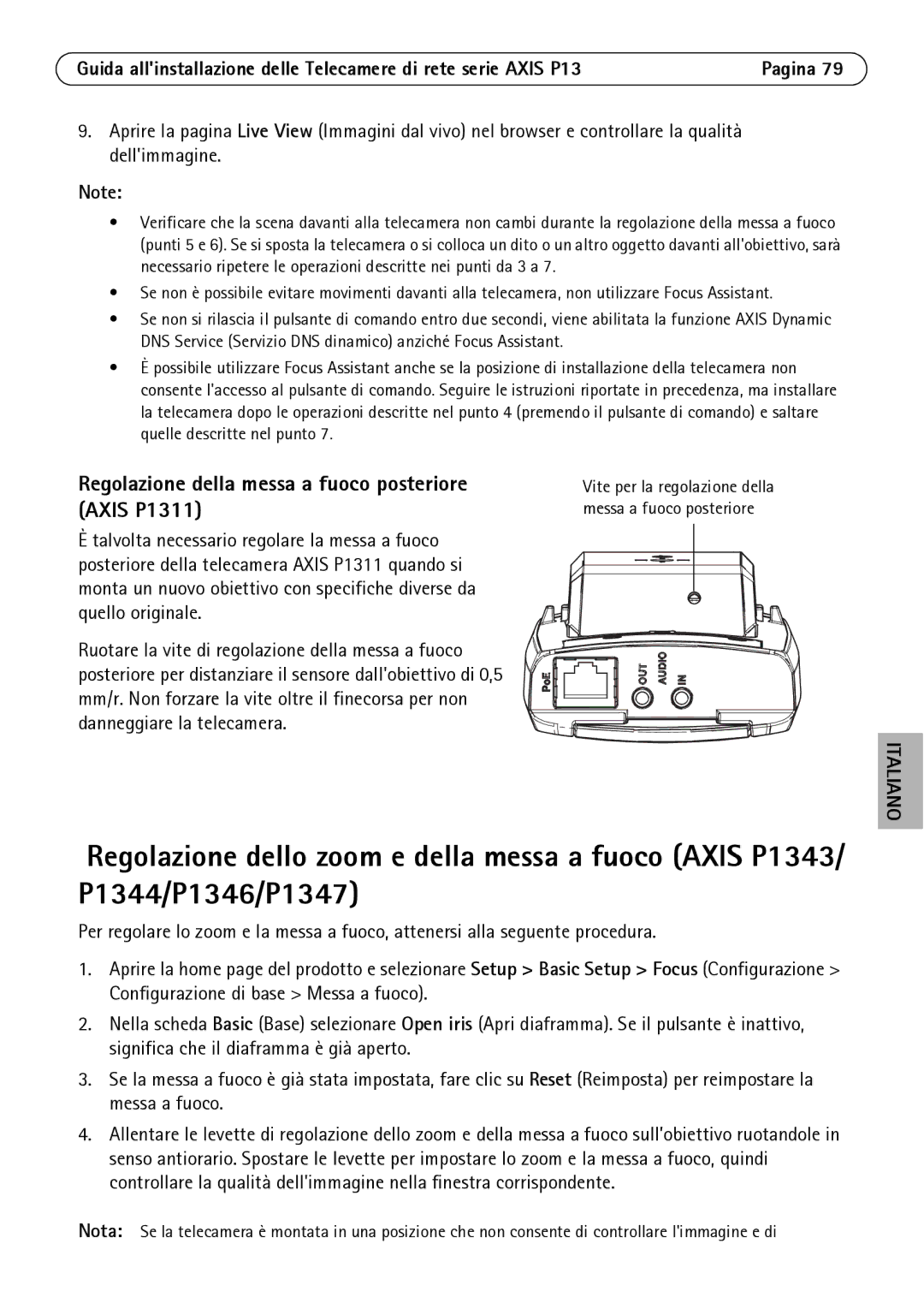 Axis Communications P1344, P1347, P1343 manual Regolazione della messa a fuoco posteriore Axis P1311 