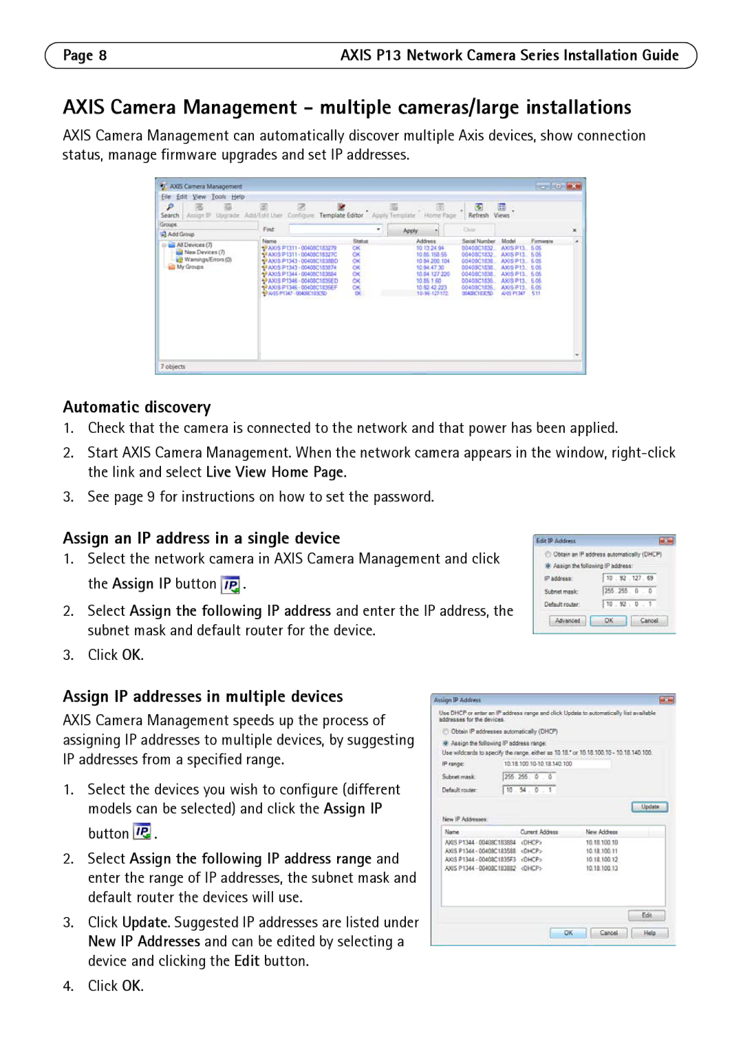 Axis Communications P1344, P1347, P1343, P1311 manual Axis Camera Management multiple cameras/large installations 