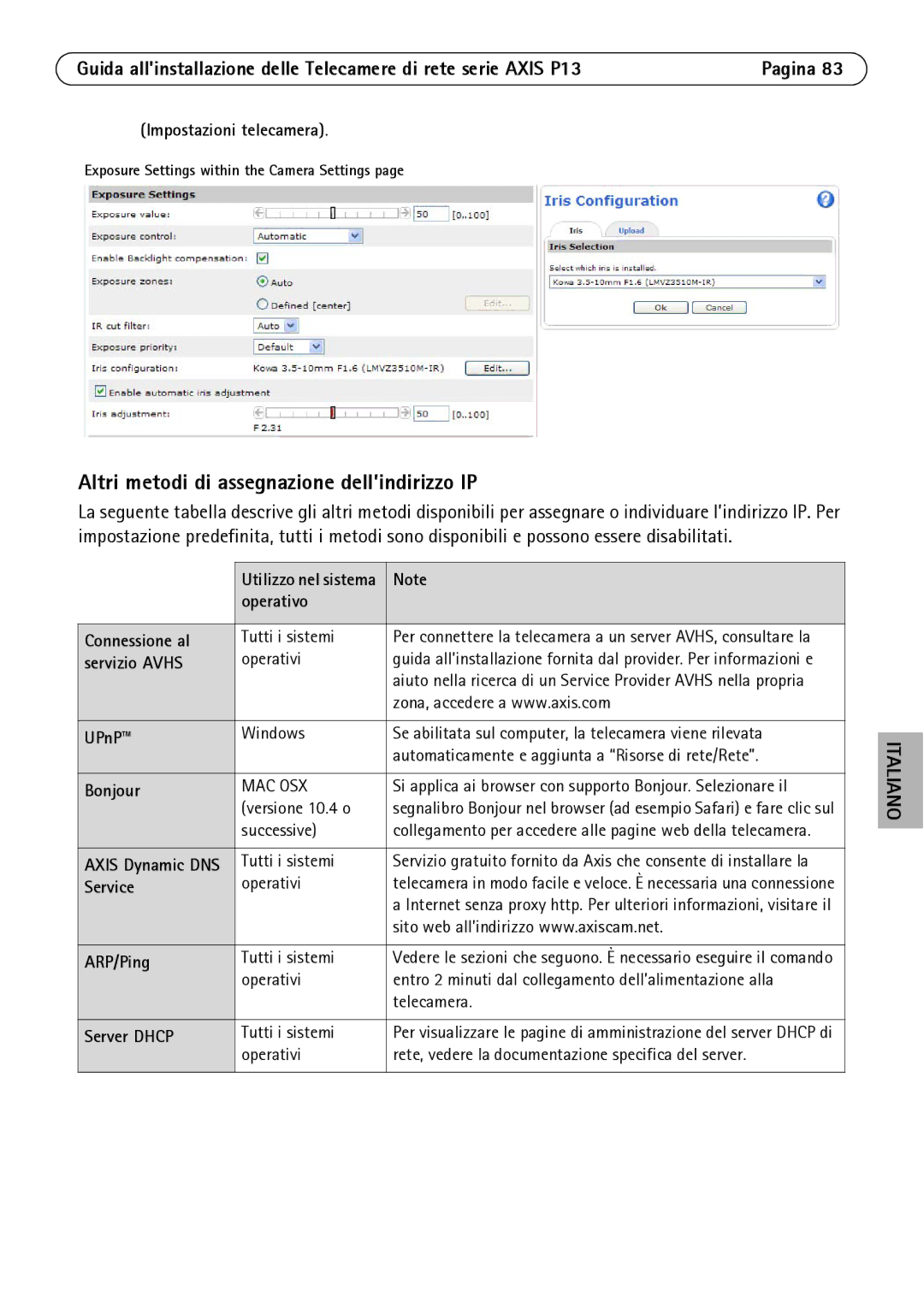 Axis Communications P1311, P1344 Altri metodi di assegnazione dell’indirizzo IP, Impostazioni telecamera, Servizio Avhs 