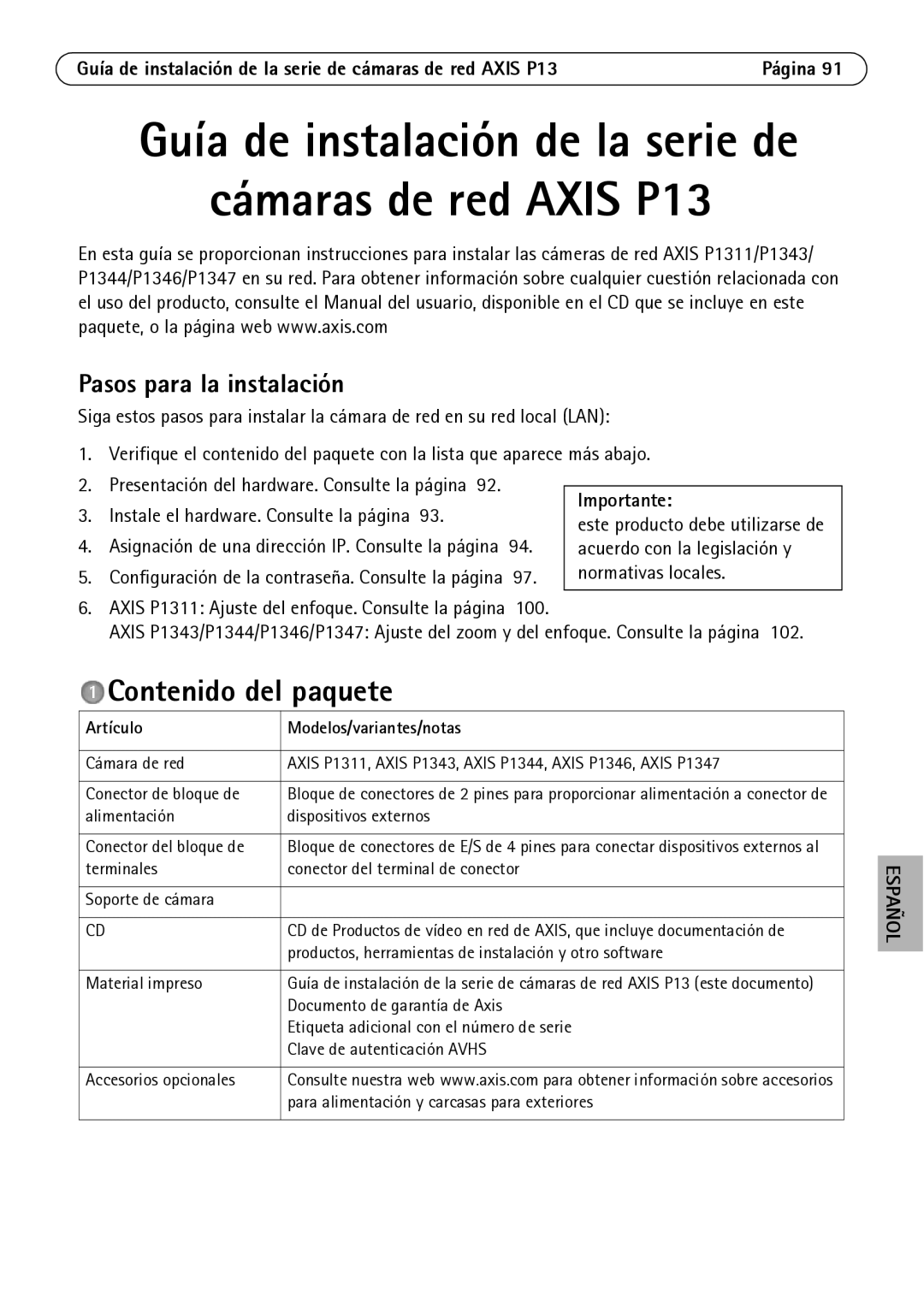 Axis Communications P1311, P1344, P1347 Contenido del paquete, Pasos para la instalación, Artículo Modelos/variantes/notas 