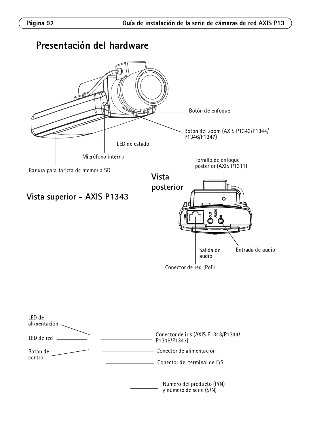 Axis Communications P1344, P1347, P1311 manual Presentación del hardware, Vista superior Axis P1343, Vista posterior, Página 