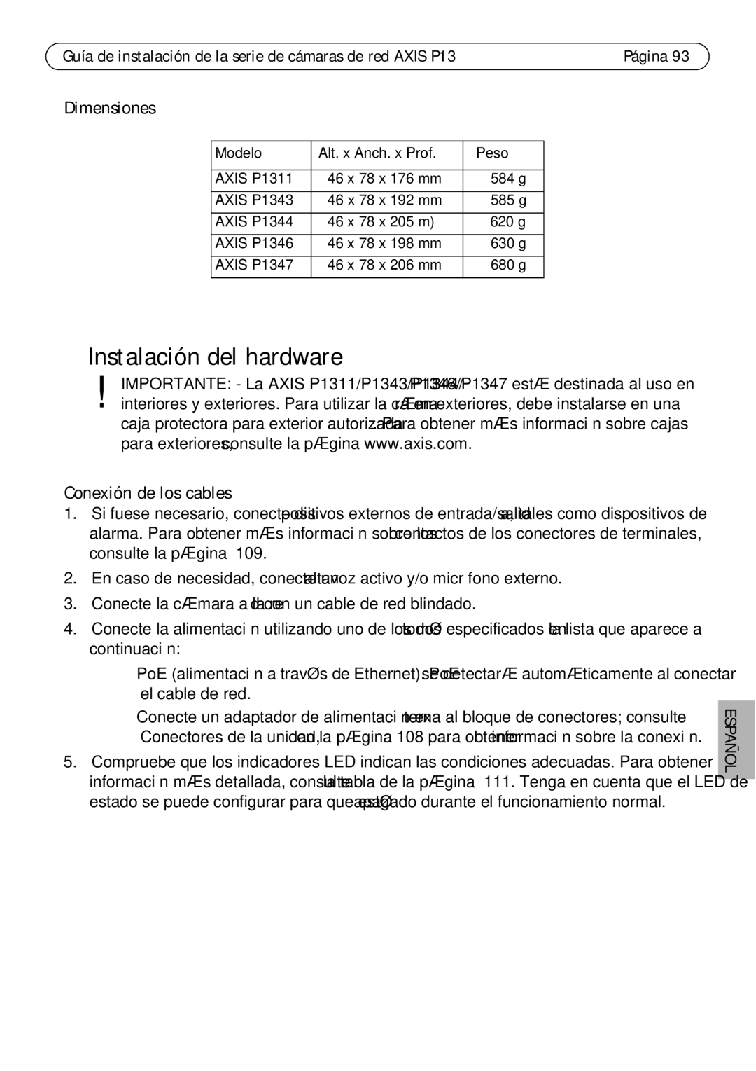 Axis Communications P1347 Instalación del hardware, Dimensiones, Conexión de los cables, Modelo Alt. x Anch. x Prof Peso 