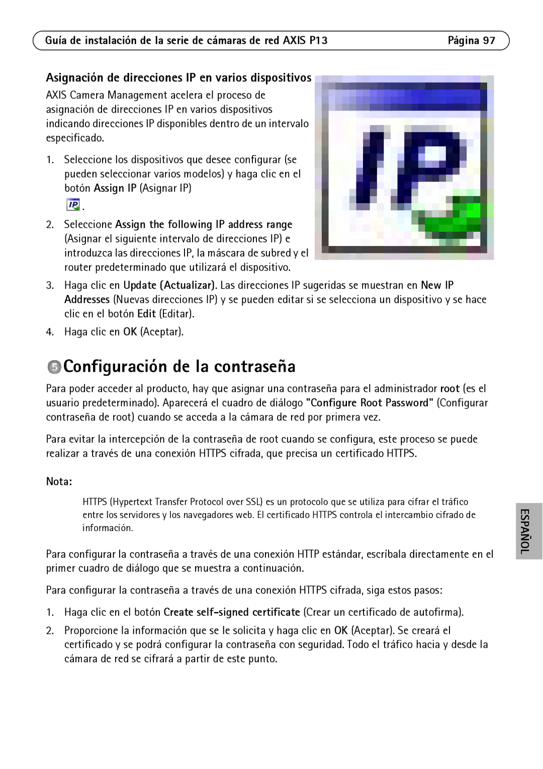 Axis Communications P1347, P1344, P1343 Configuración de la contraseña, Asignación de direcciones IP en varios dispositivos 