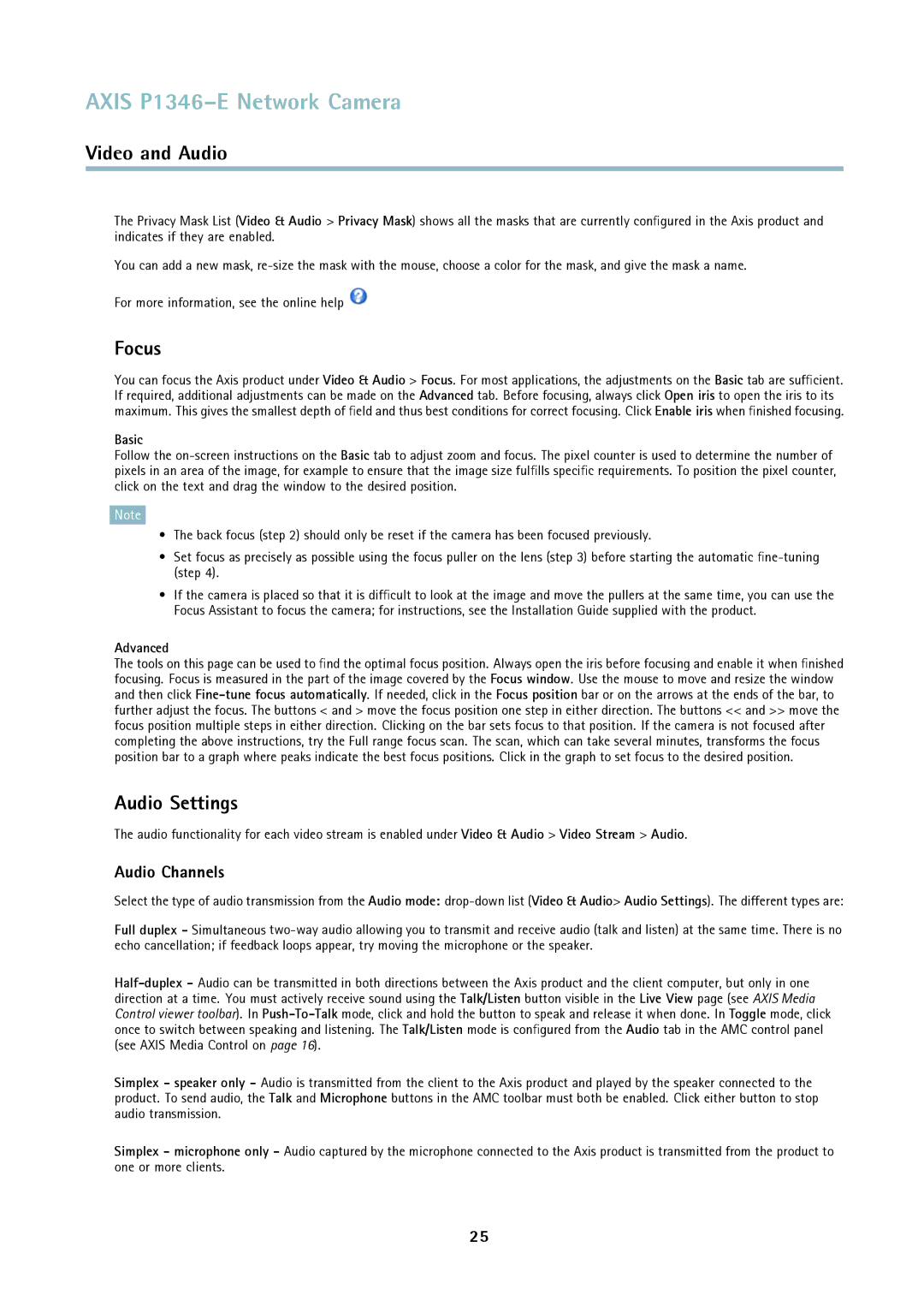 Axis Communications P1346-E user manual Focus, Audio Settings, Audio Channels, Basic, Advanced 