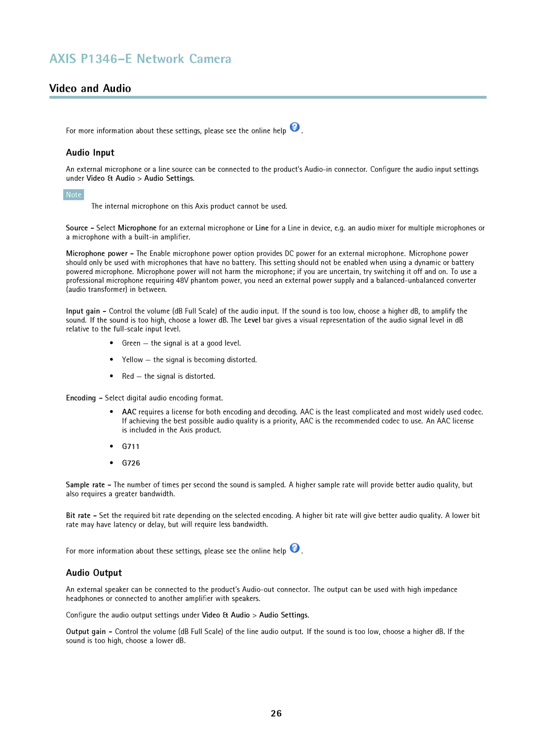 Axis Communications P1346-E user manual Audio Input, Audio Output, G711 G726 