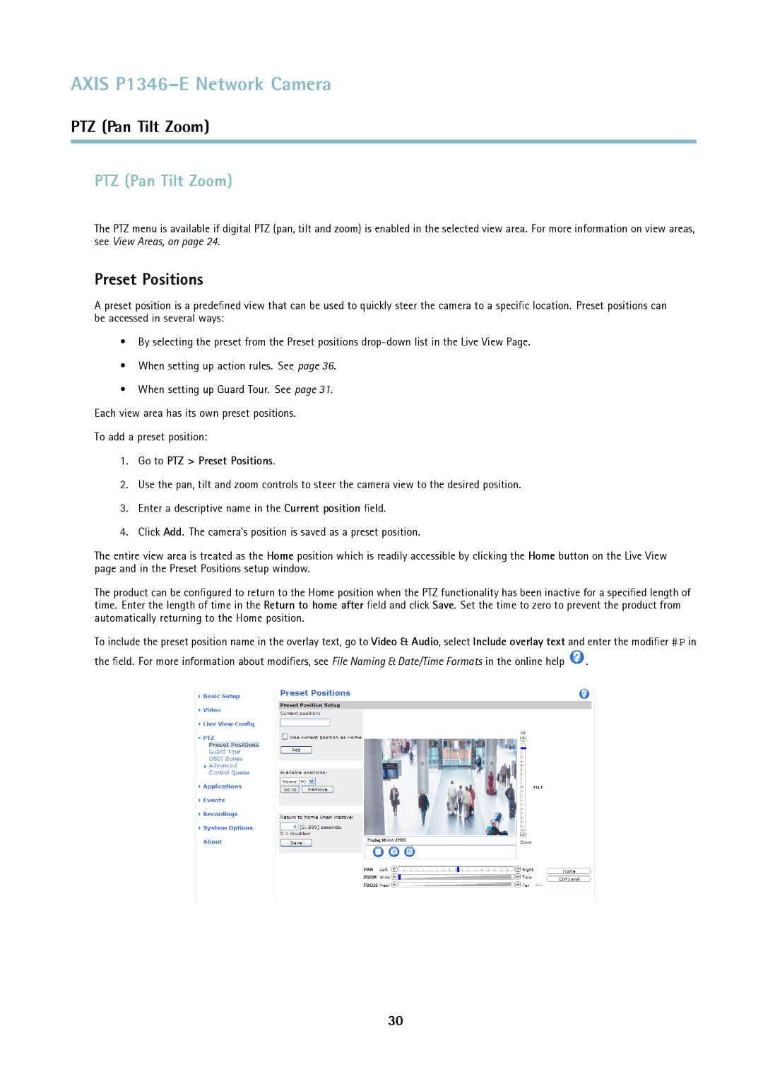 Axis Communications P1346-E user manual PTZ Pan Tilt Zoom, Go to PTZ Preset Positions 