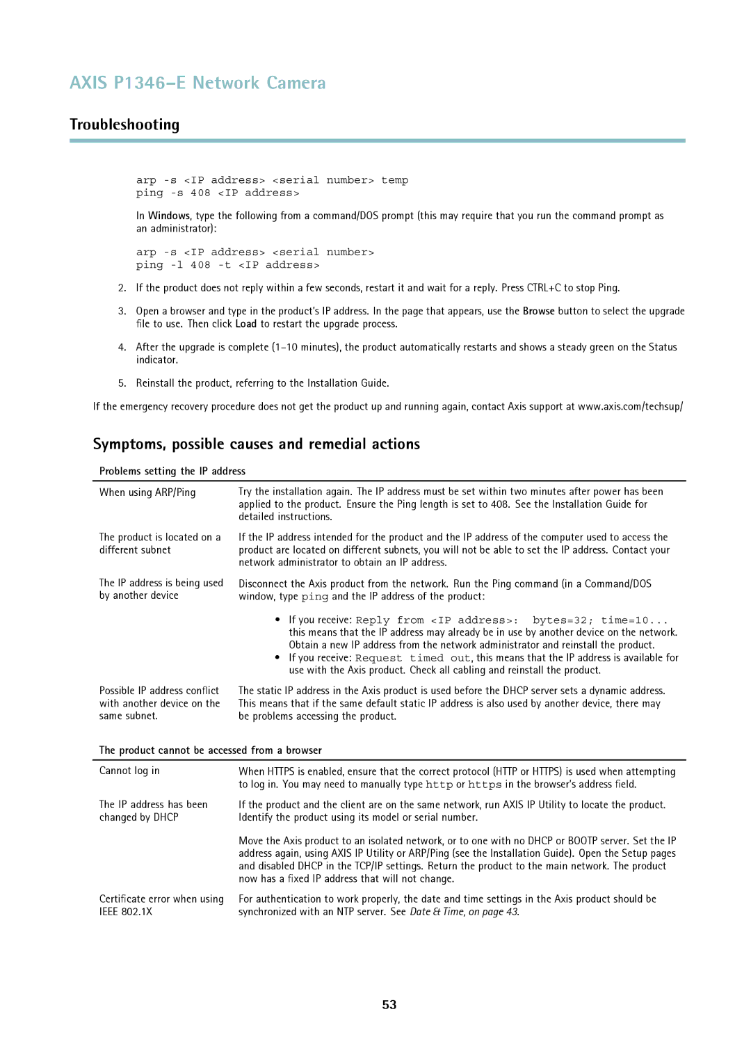 Axis Communications P1346-E user manual Symptoms, possible causes and remedial actions, Problems setting the IP address 