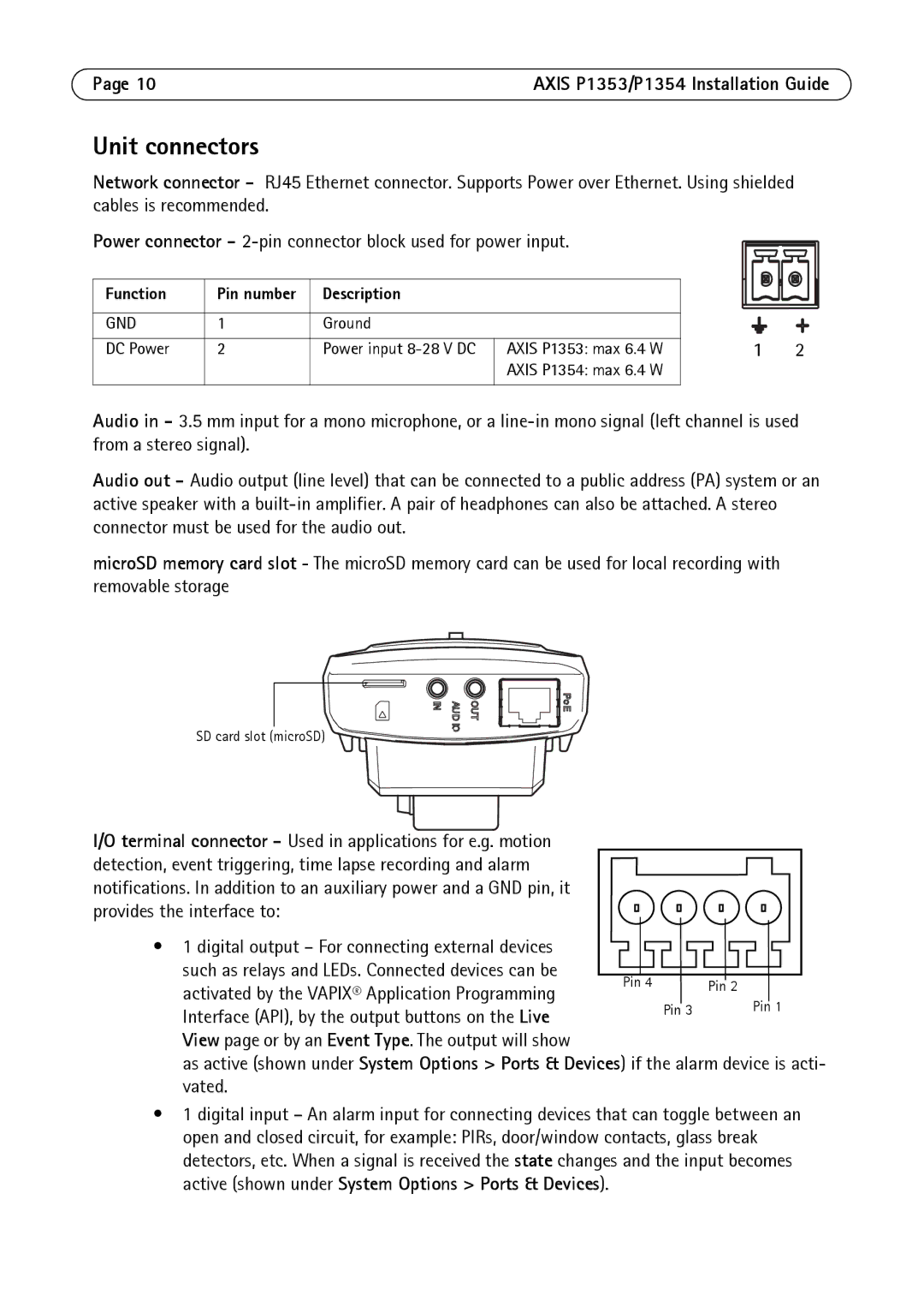 Axis Communications P1353, P1354 manual Unit connectors, Function, Description 