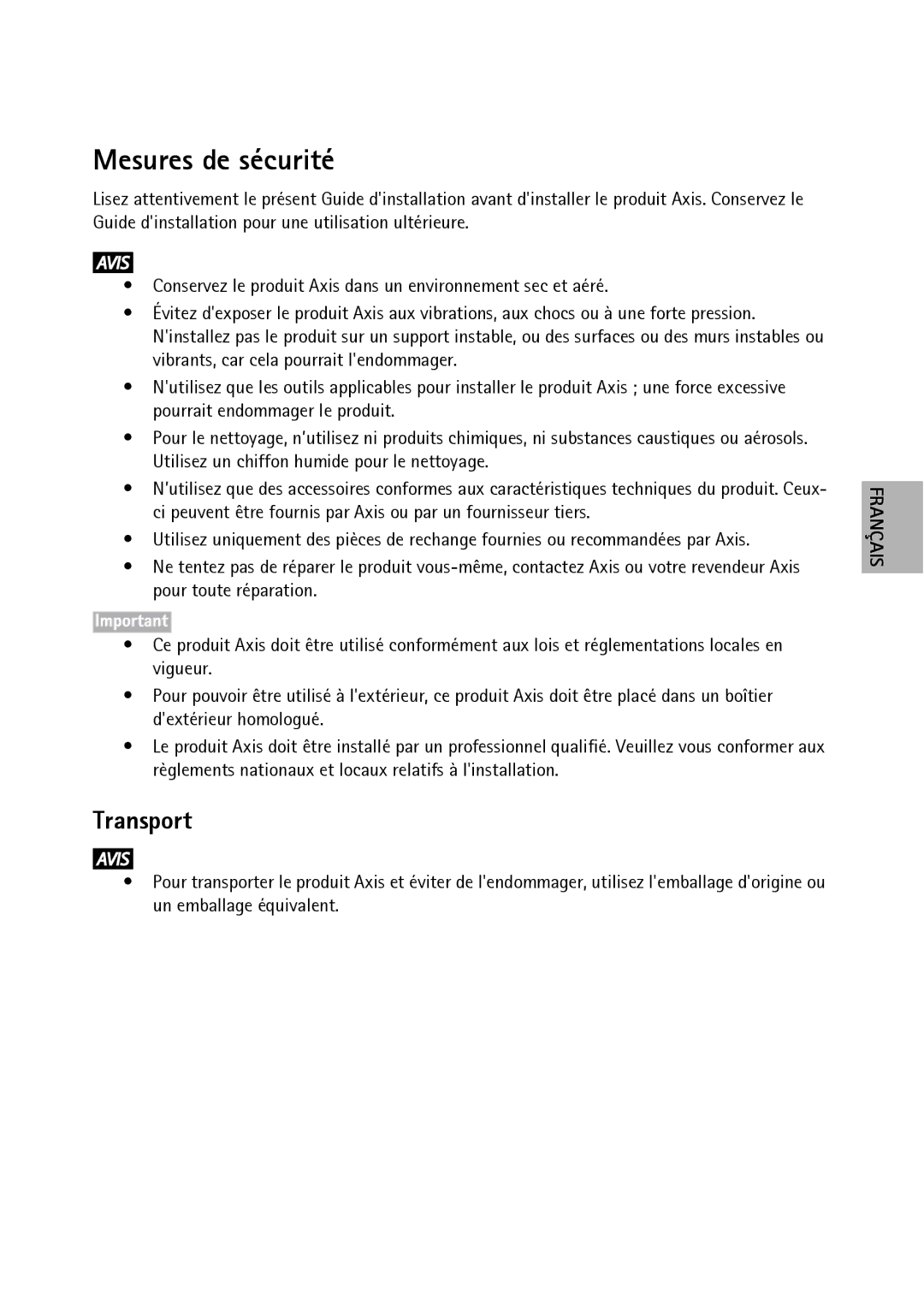 Axis Communications P1354, P1353 manual Mesures de sécurité, Transport 