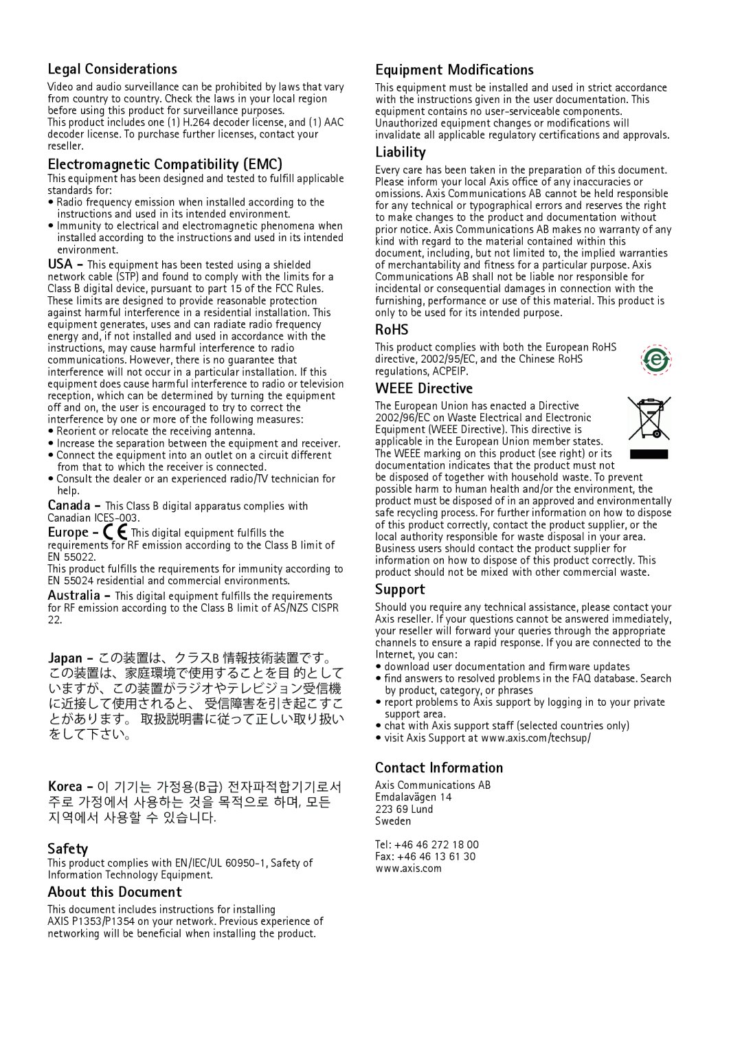 Axis Communications P1353, P1354 manual Legal Considerations, Korea  