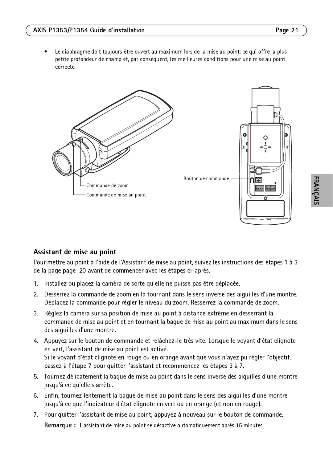 Axis Communications P1354, P1353 manual Assistant de mise au point 