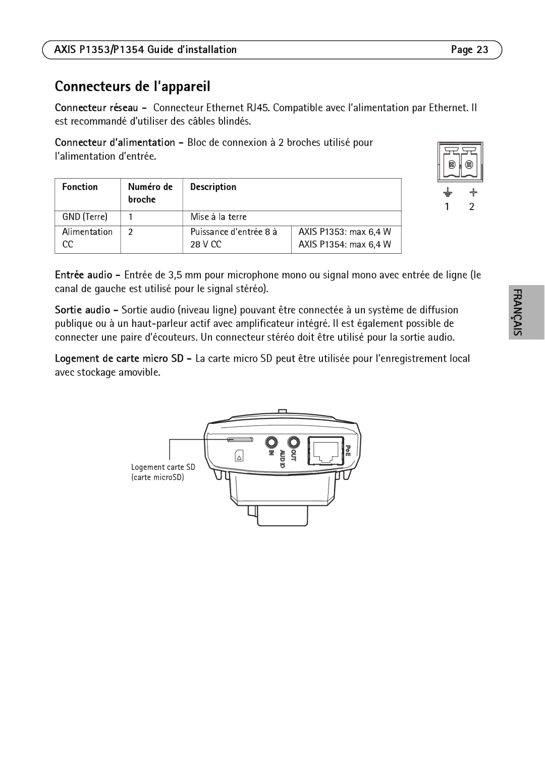 Axis Communications P1354, P1353 manual Connecteurs de l’appareil, Fonction, Description Broche 