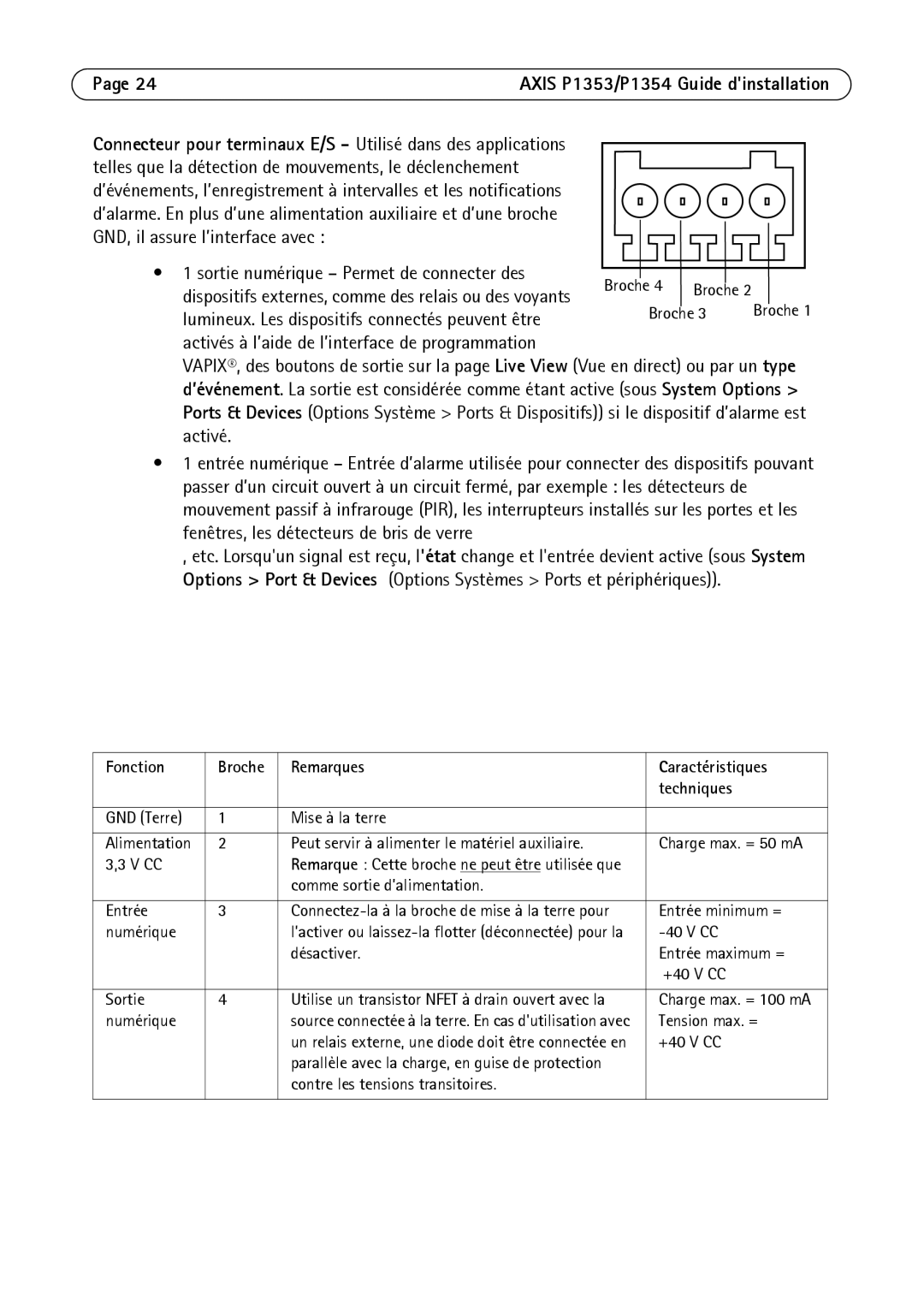 Axis Communications P1353, P1354 manual Sortie numérique Permet de connecter des, Remarques Caractéristiques Techniques 