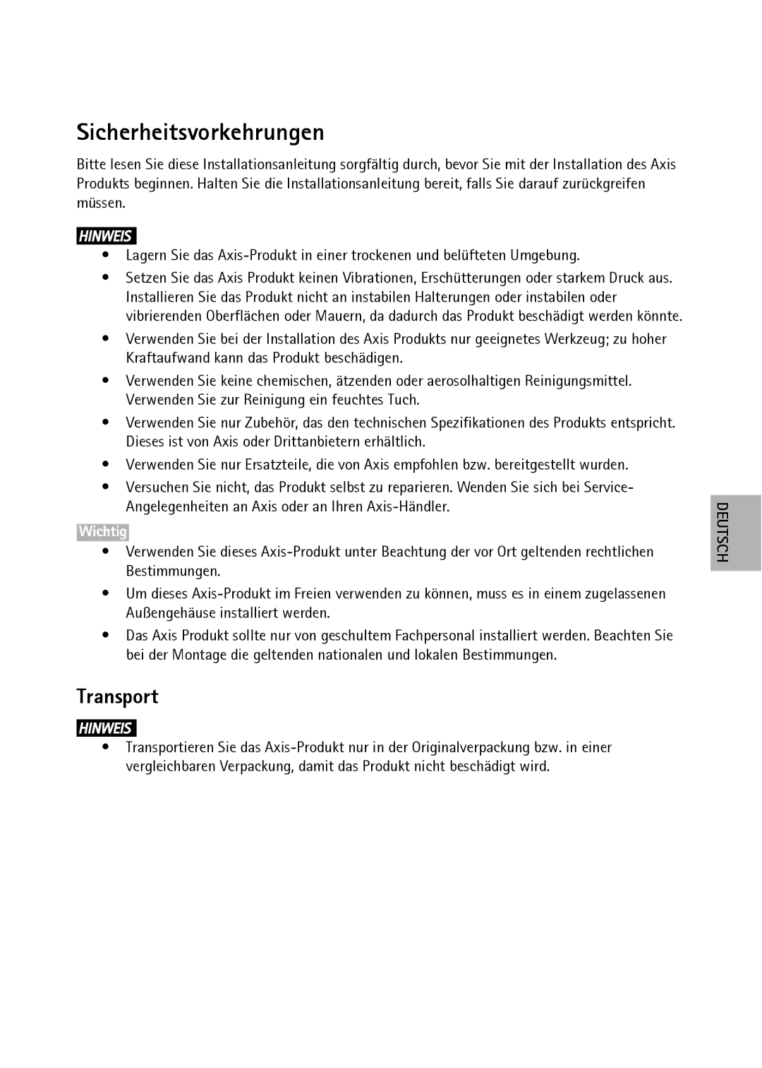 Axis Communications P1354, P1353 manual Sicherheitsvorkehrungen, Transport 