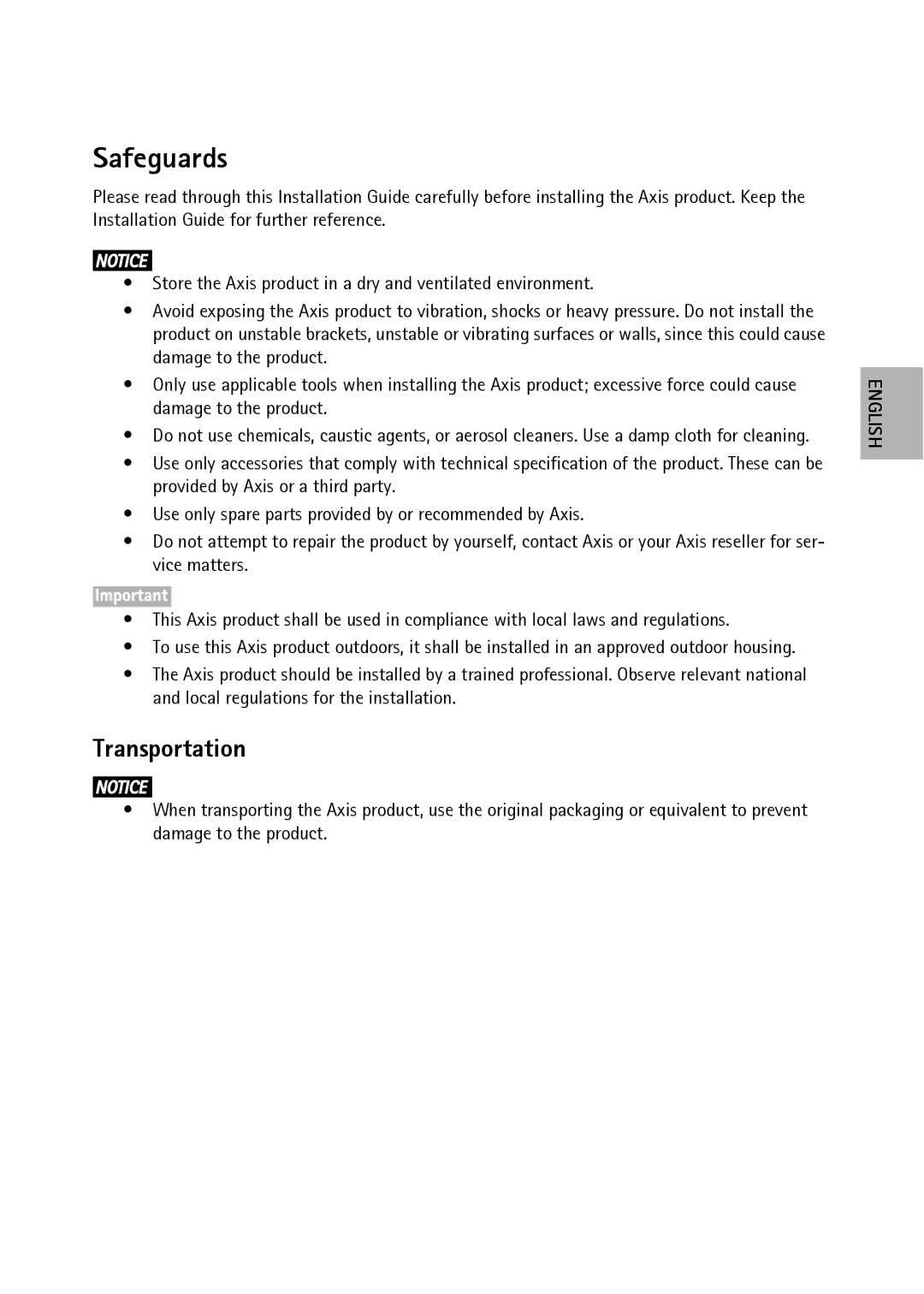 Axis Communications P1354, P1353 manual Safeguards, Transportation 