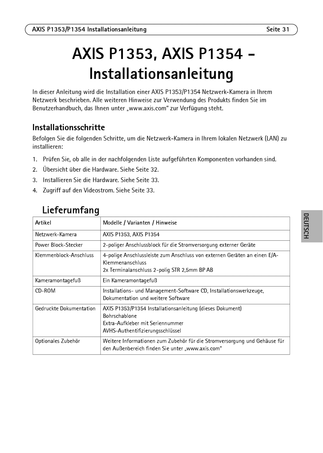 Axis Communications P1354, P1353 manual Lieferumfang, Installationsschritte, Artikel Modelle / Varianten / Hinweise 