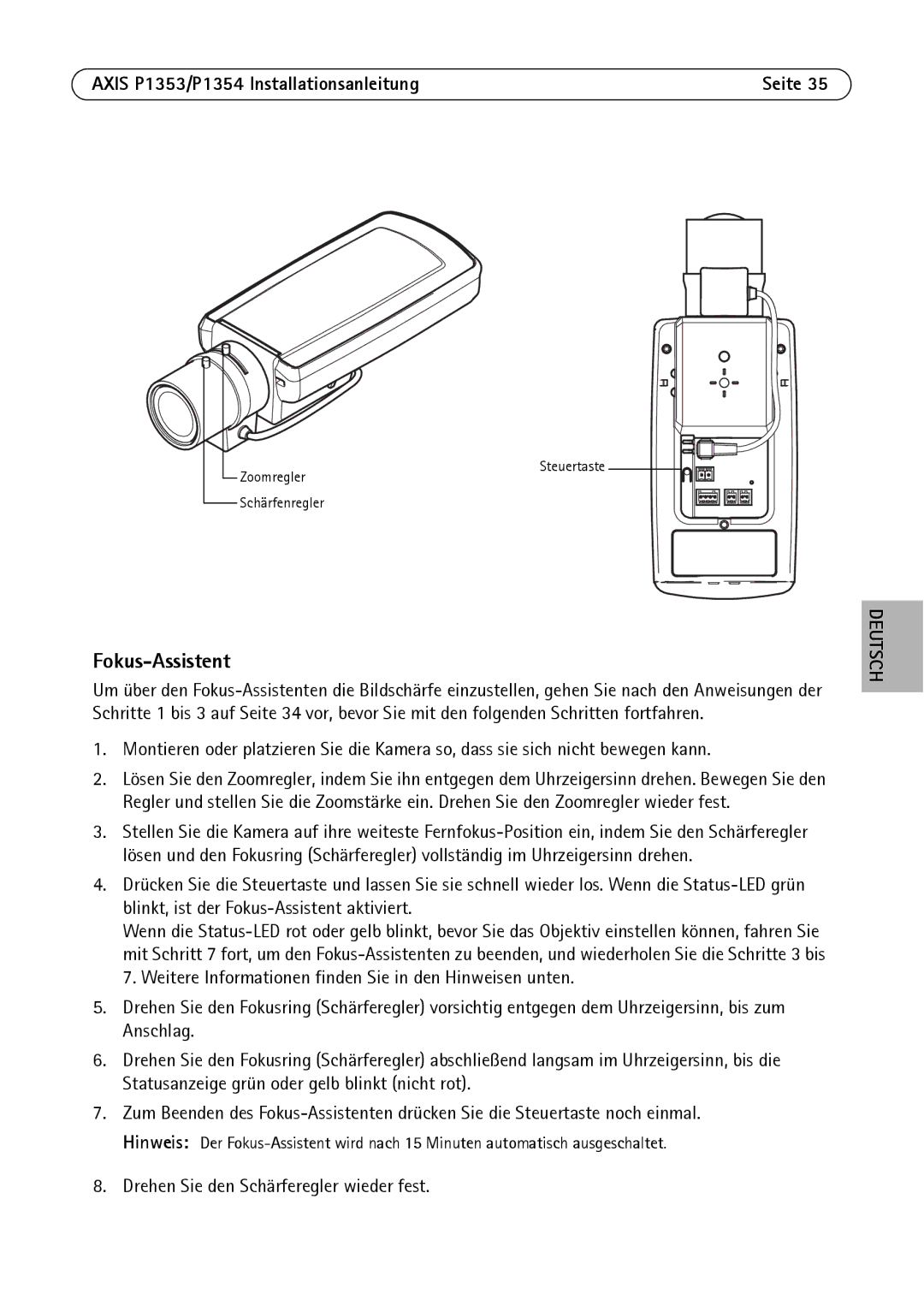 Axis Communications P1354, P1353 manual Fokus-Assistent 