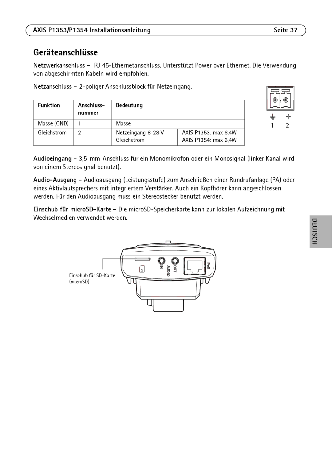 Axis Communications P1354, P1353 manual Geräteanschlüsse, Funktion Anschluss Bedeutung Nummer 