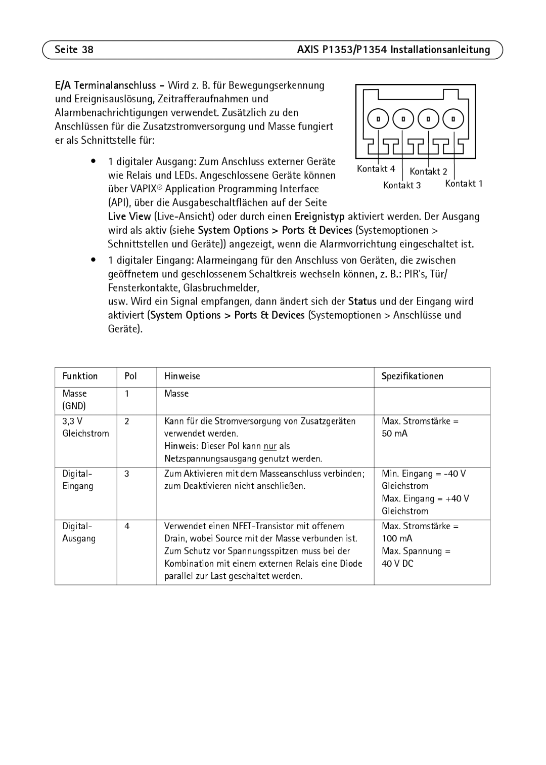 Axis Communications P1353, P1354 manual Er als Schnittstelle für, Funktion Pol Hinweise Spezifikationen 