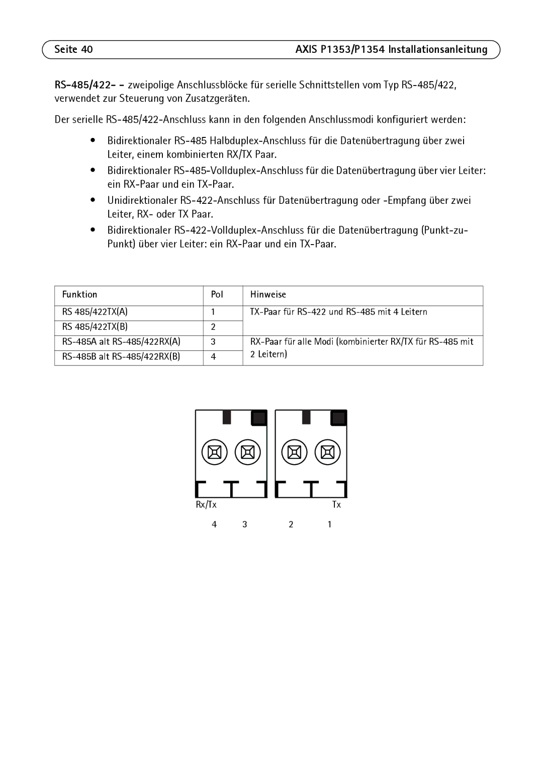 Axis Communications P1353, P1354 manual Funktion Pol Hinweise 