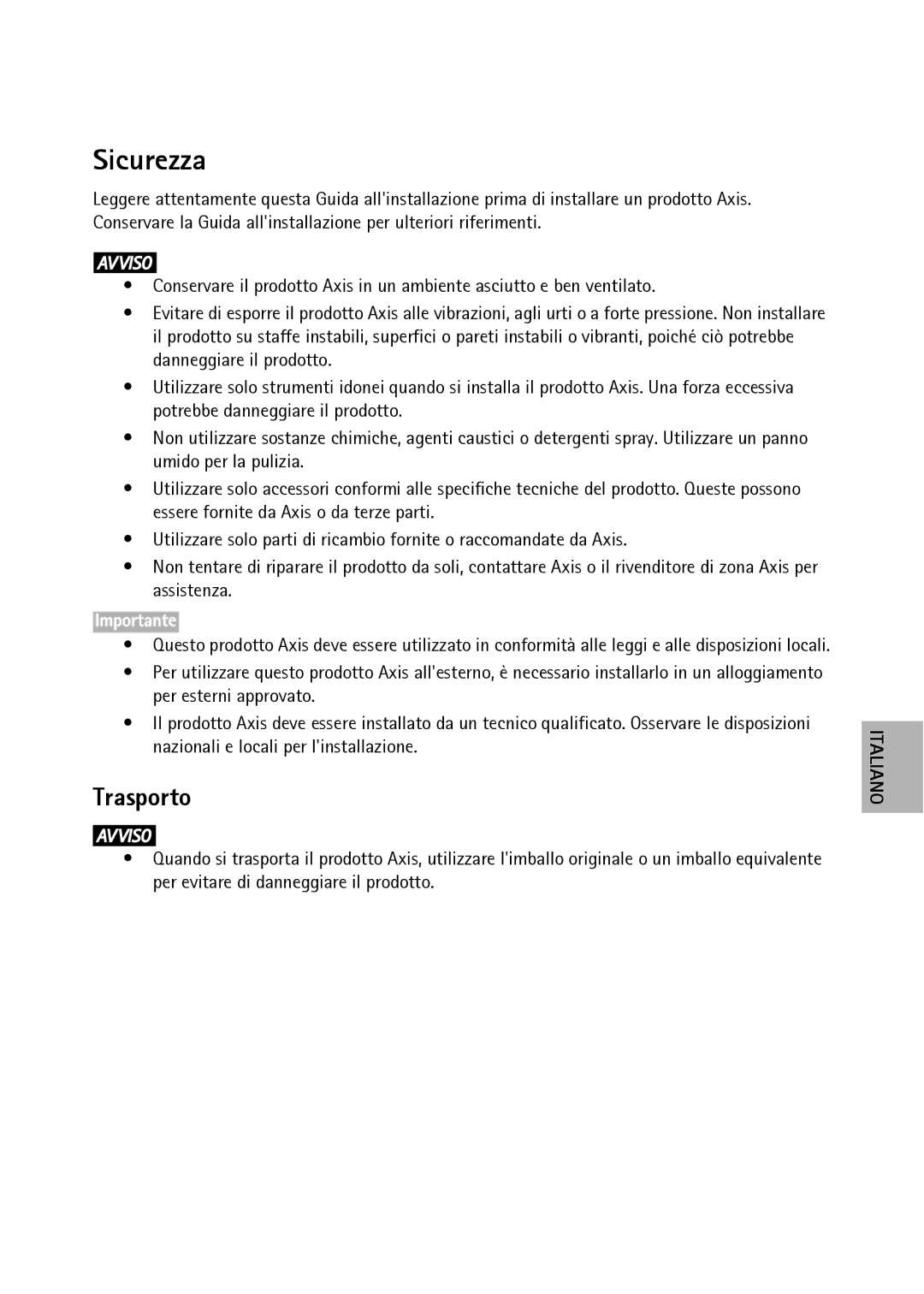 Axis Communications P1354, P1353 manual Sicurezza, Trasporto 