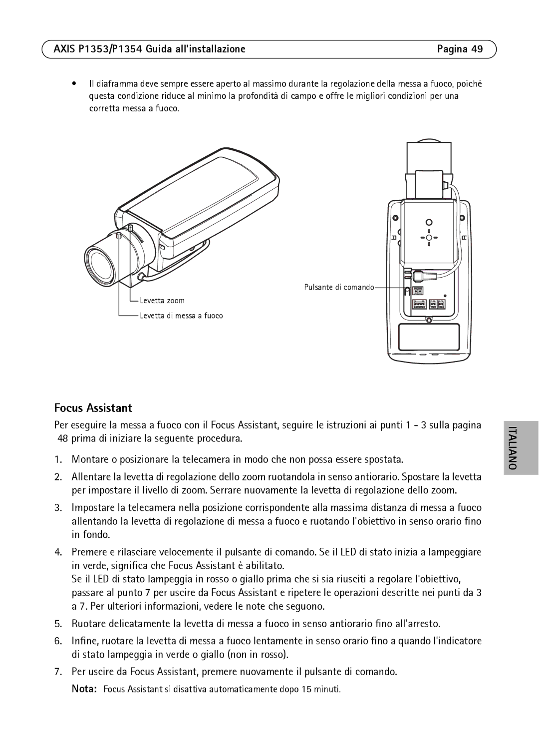 Axis Communications P1354, P1353 manual Levetta zoom Levetta di messa a fuoco 