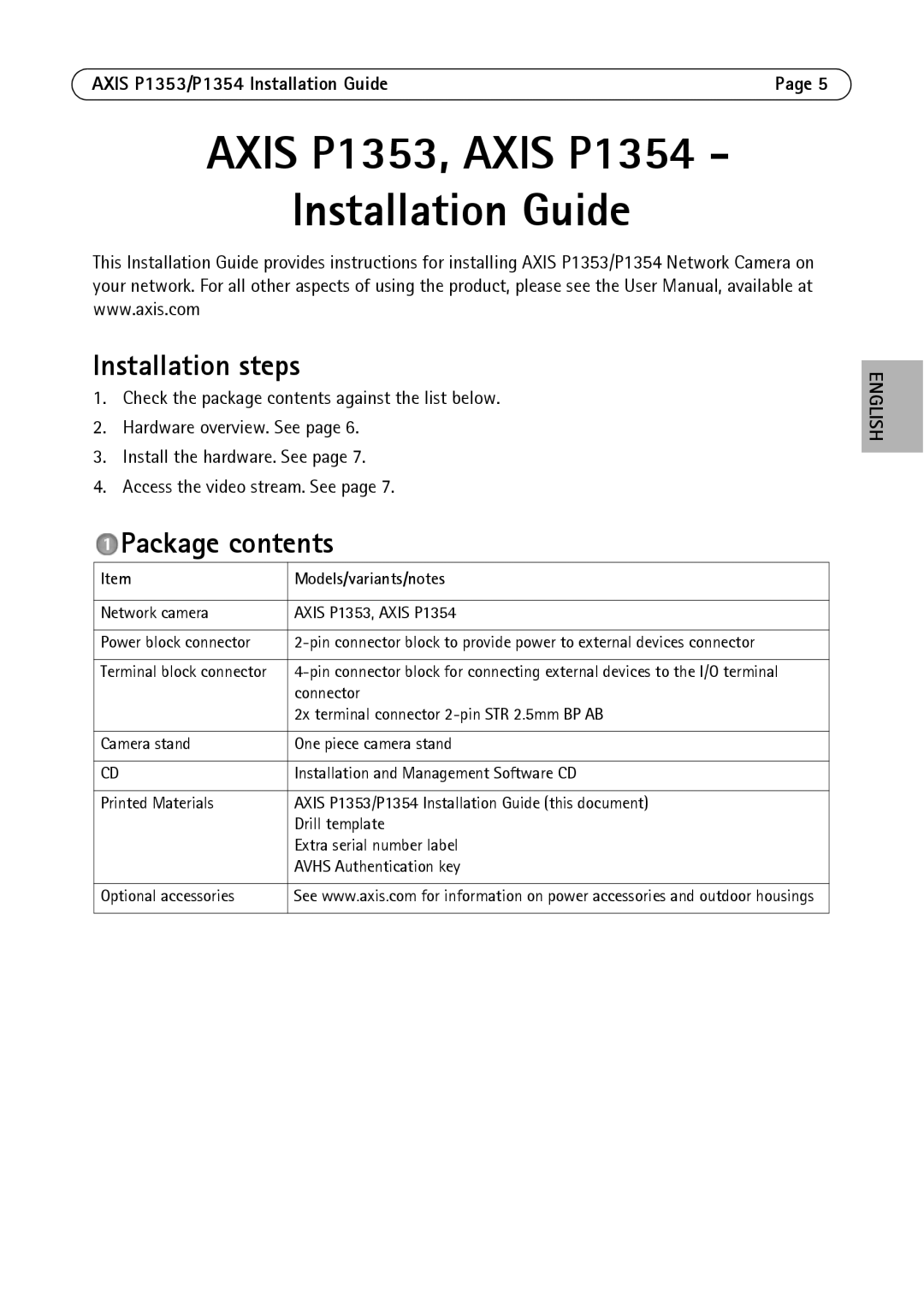 Axis Communications P1354, P1353 manual Installation steps, Package contents 